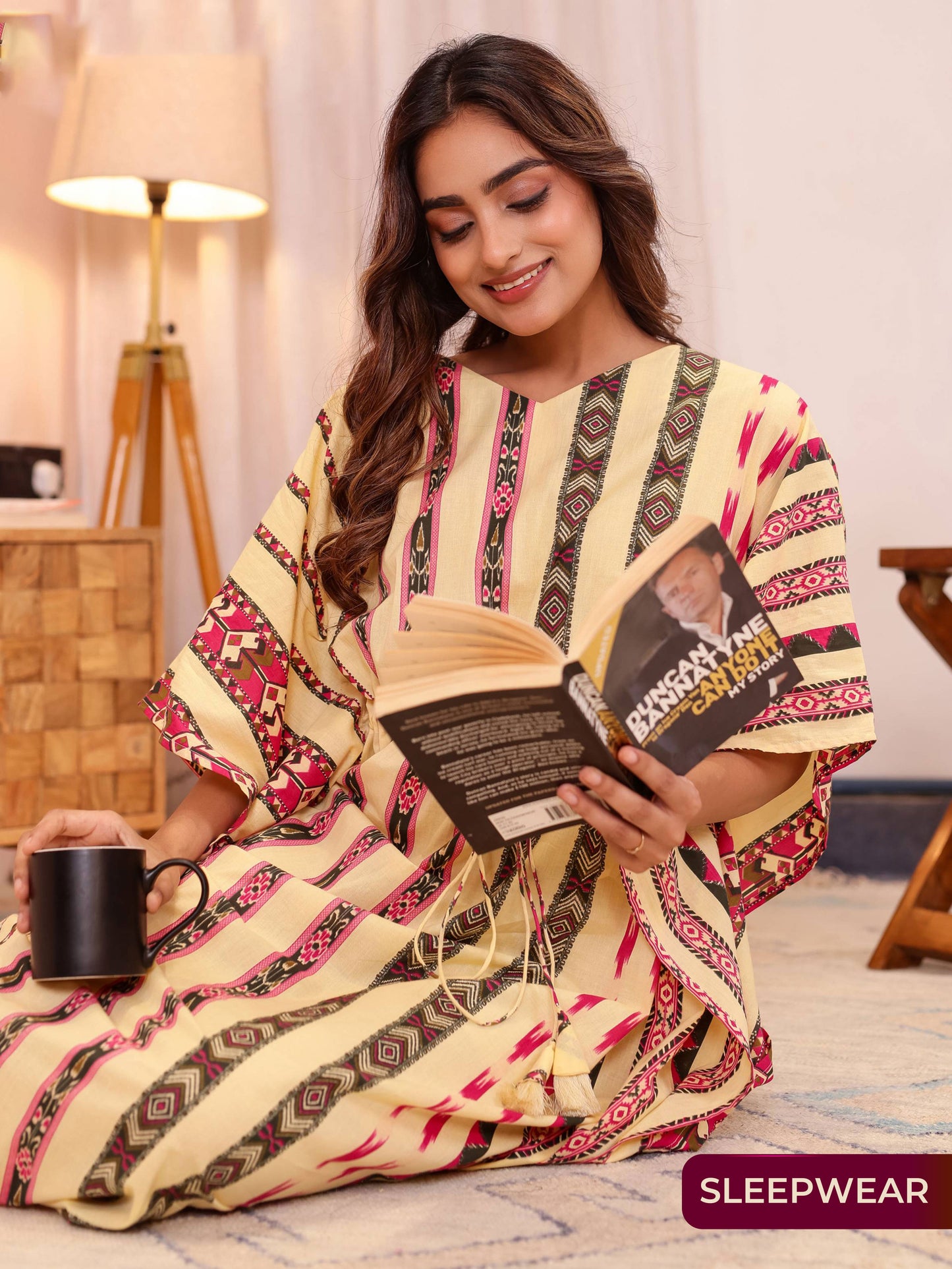 Soft Cotton Border print Kaftan Beige Nighty