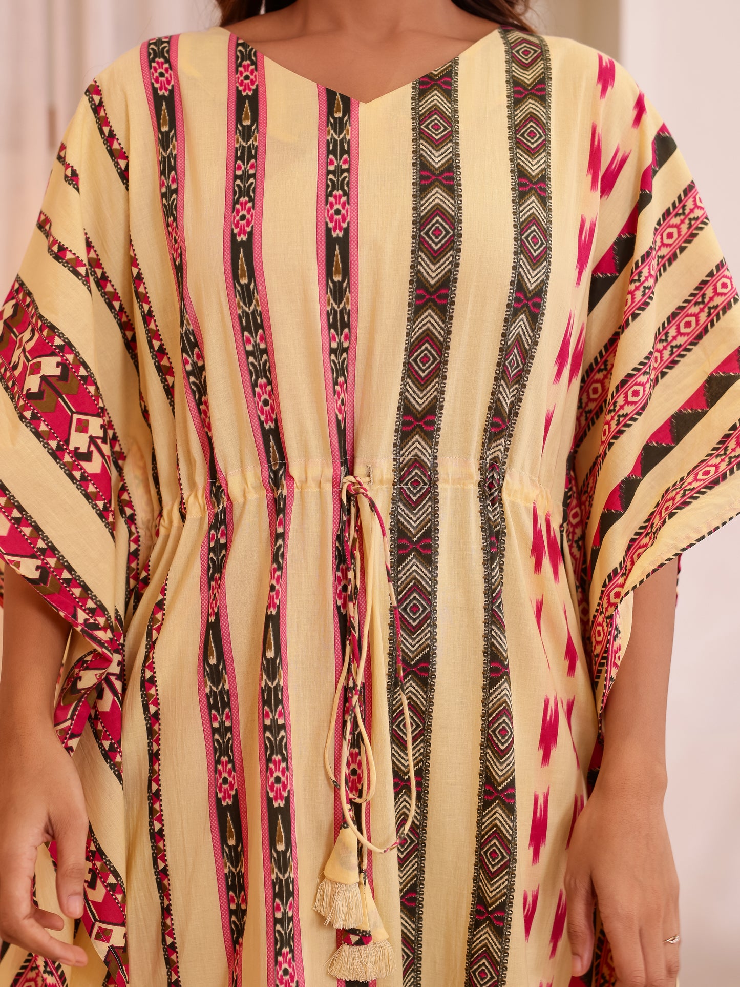 Soft Cotton Border print Kaftan Beige Nighty