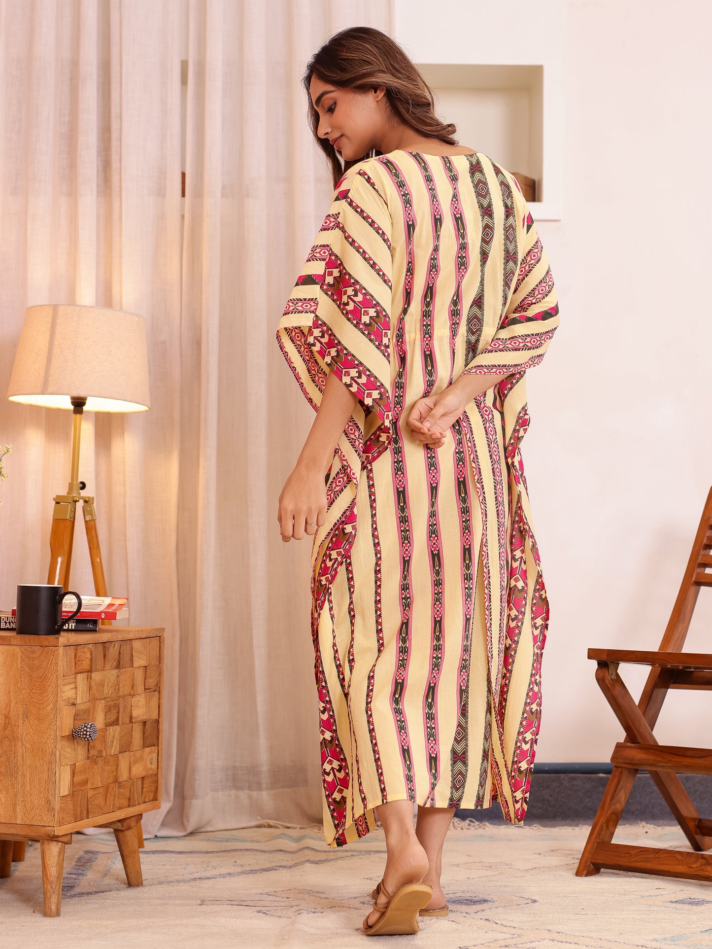 Soft Cotton Border print Kaftan Beige Nighty