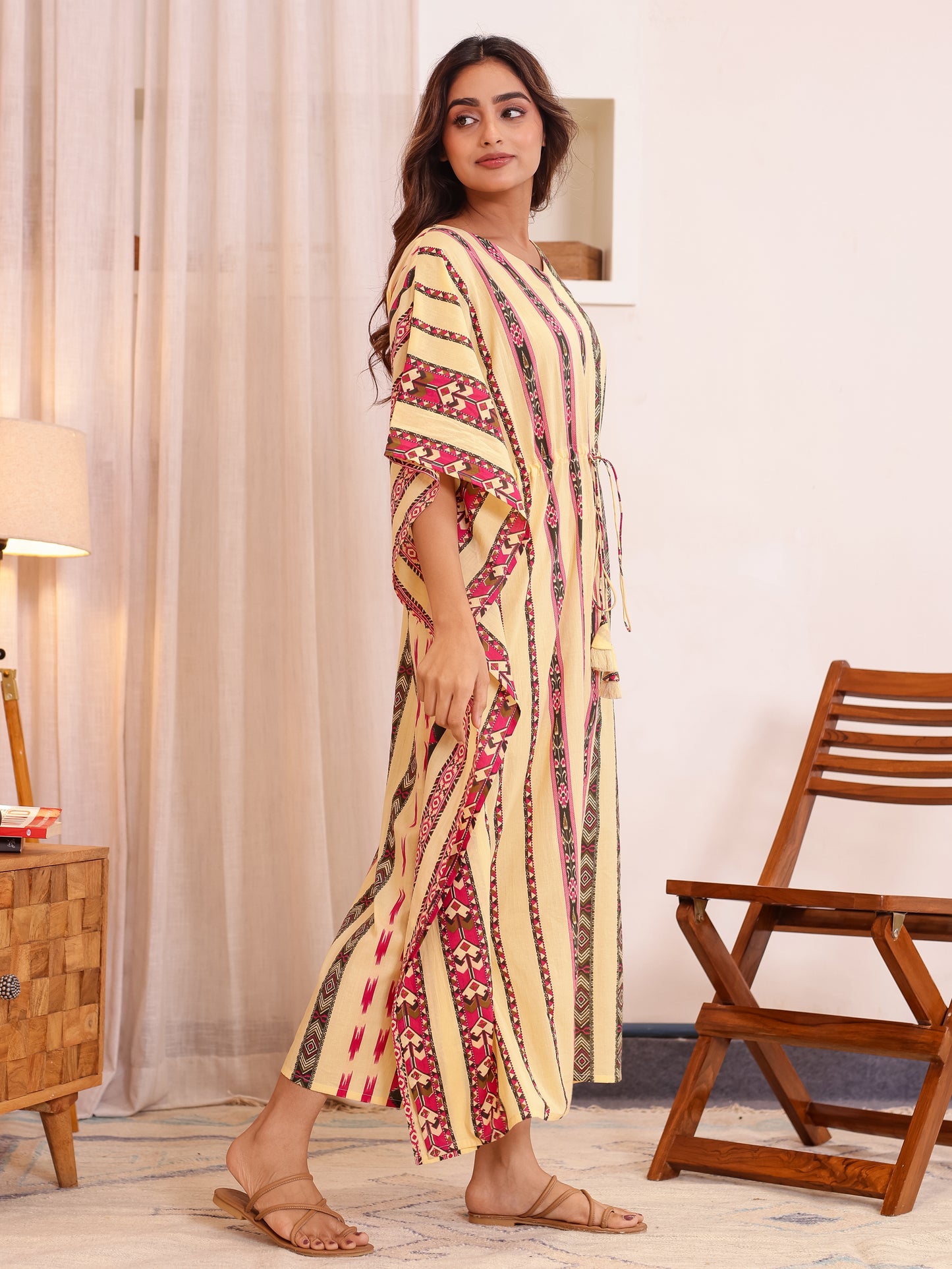 Soft Cotton Border print Kaftan Beige Nighty
