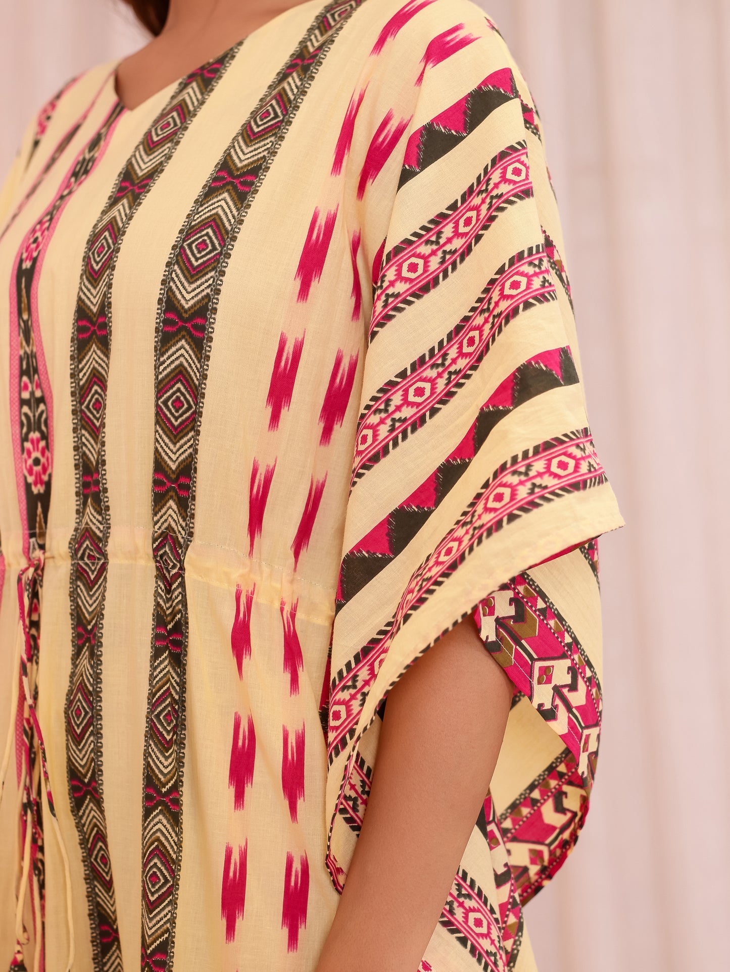 Soft Cotton Border print Kaftan Beige Nighty