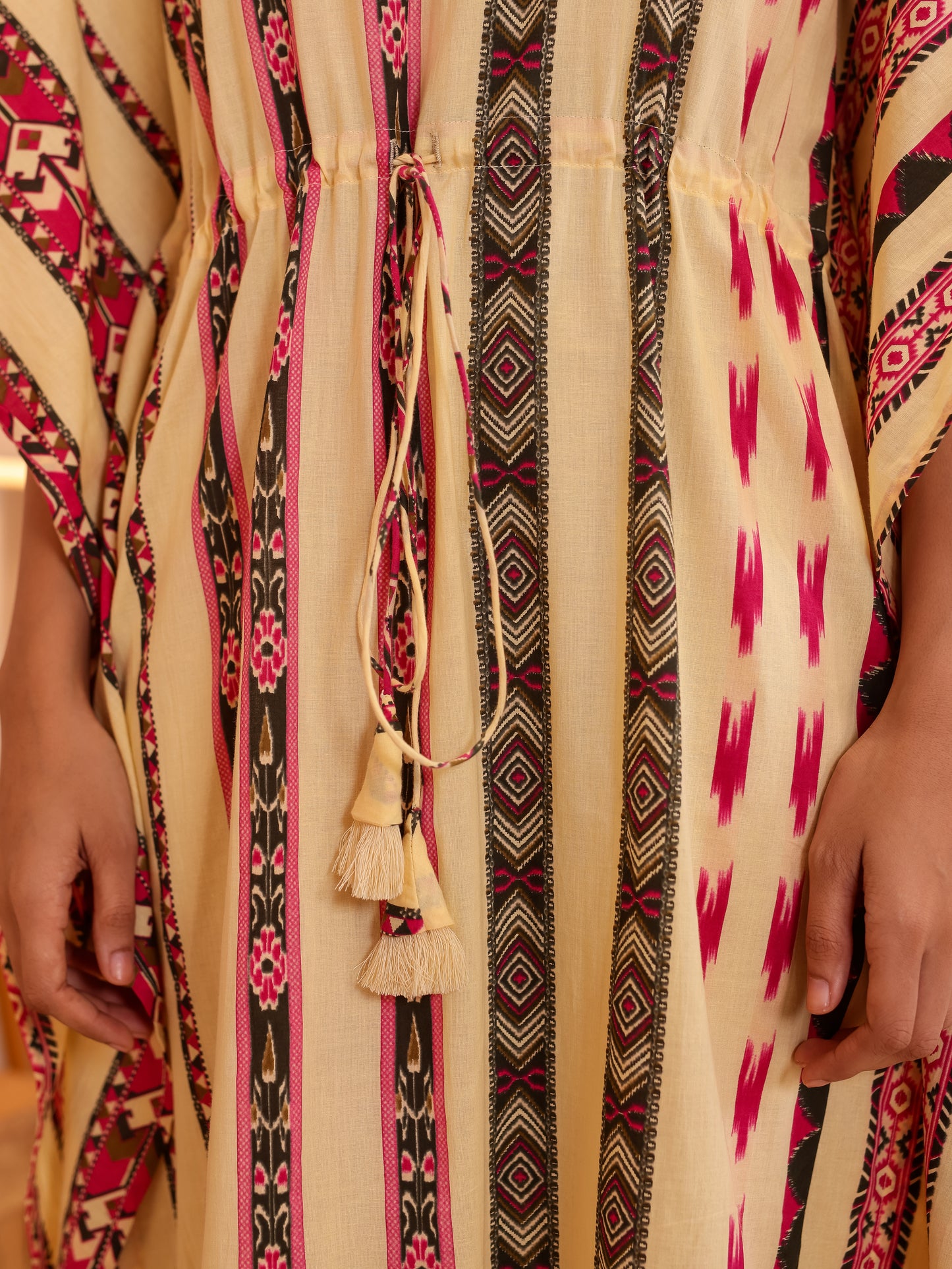 Soft Cotton Border print Kaftan Beige Nighty