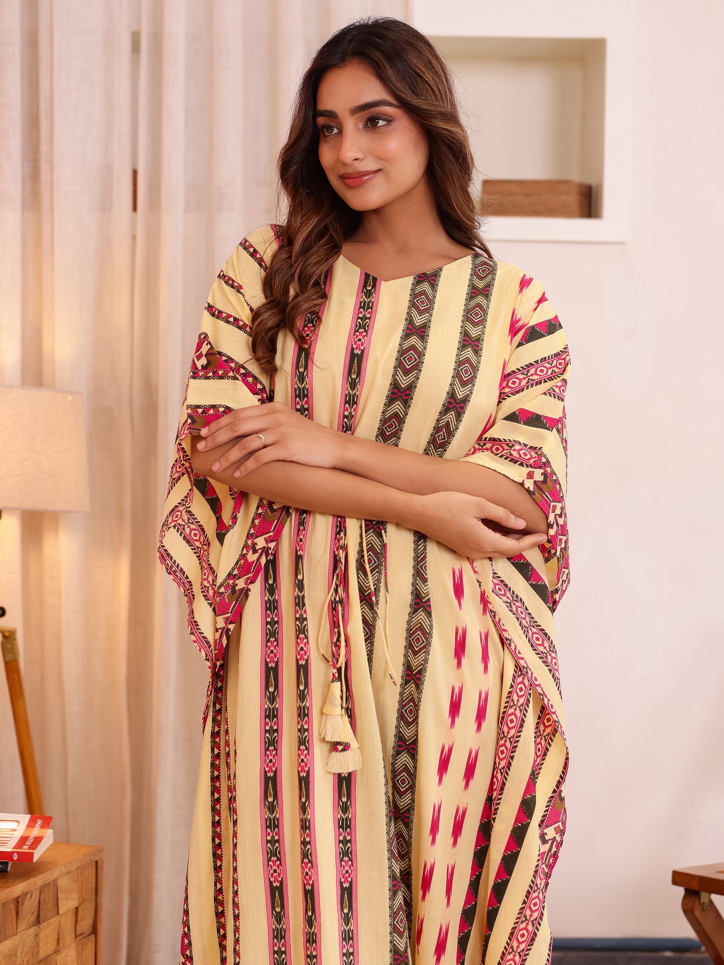 Soft Cotton Border print Kaftan Beige Nighty