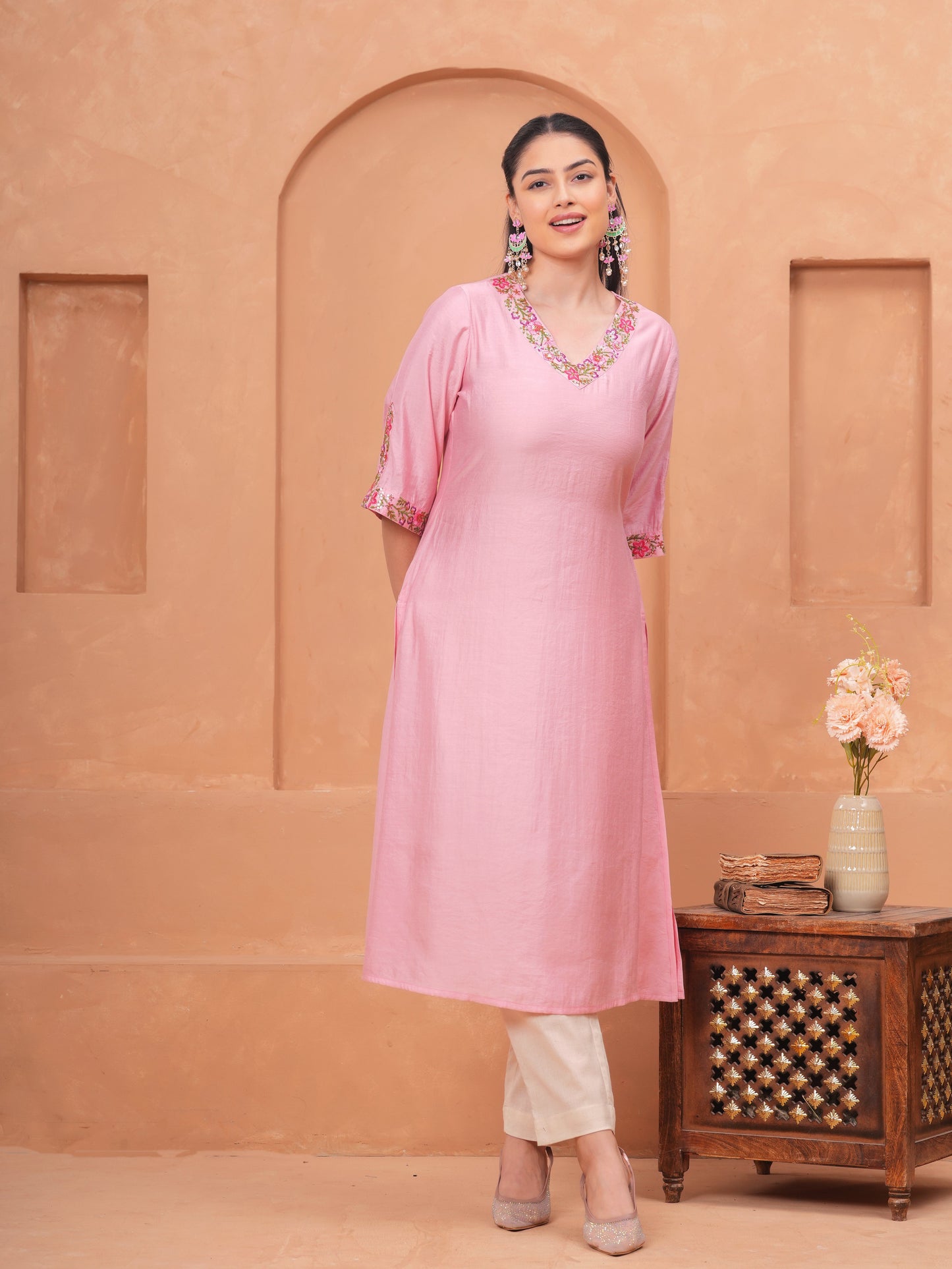 Embroidered Blended Silk Solid Straight Pink Kurta