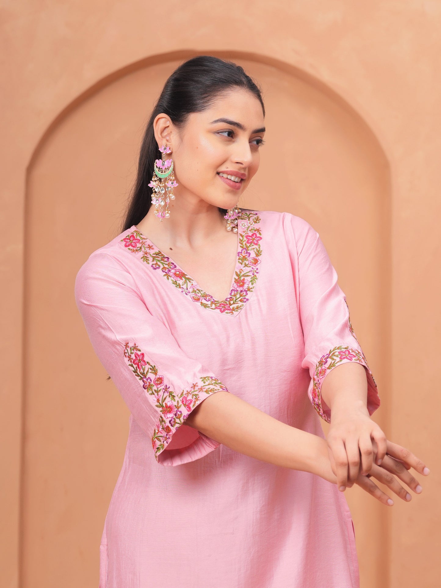 Embroidered Blended Silk Solid Straight Pink Kurta