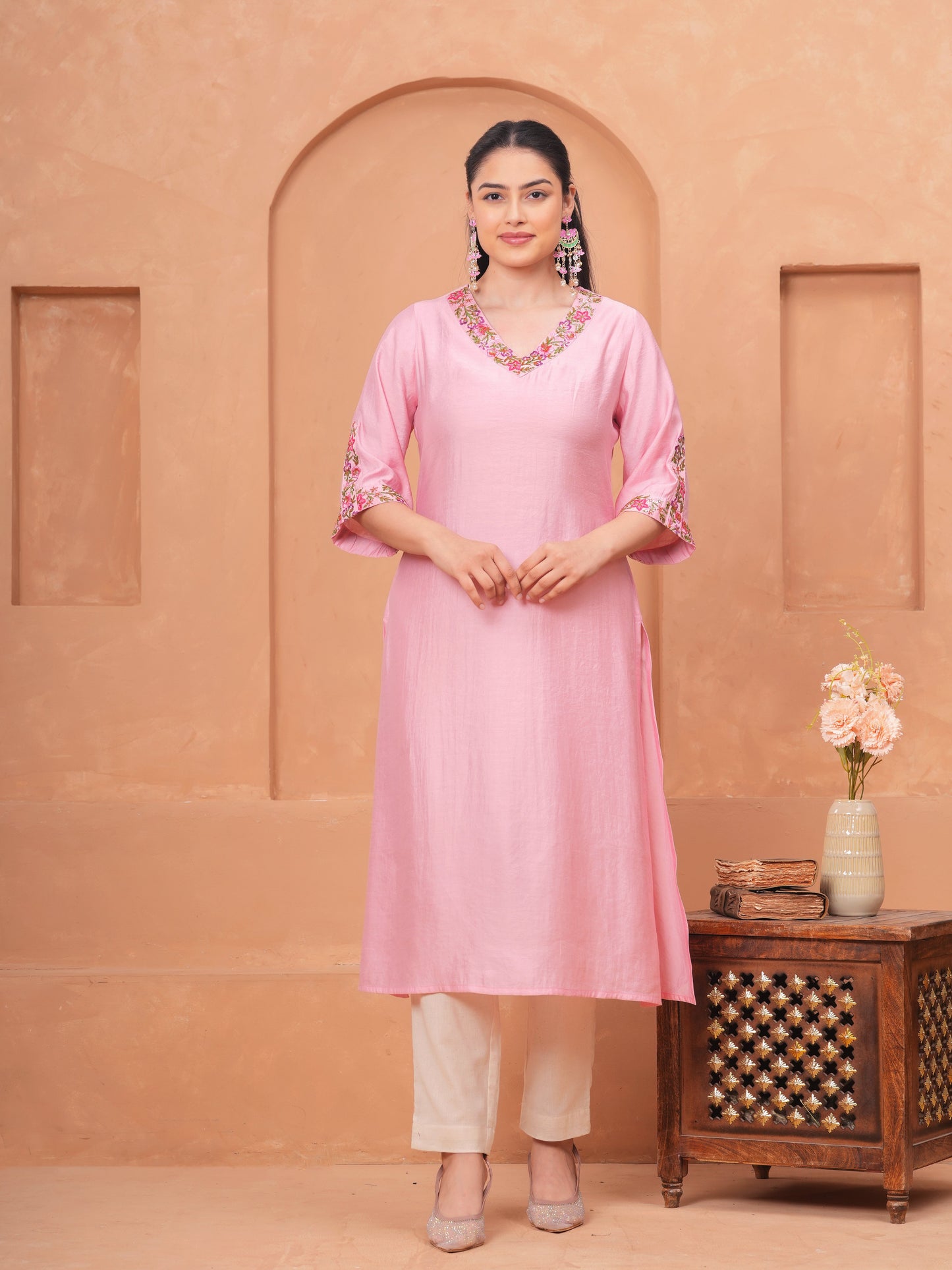 Embroidered Blended Silk Solid Straight Pink Kurta