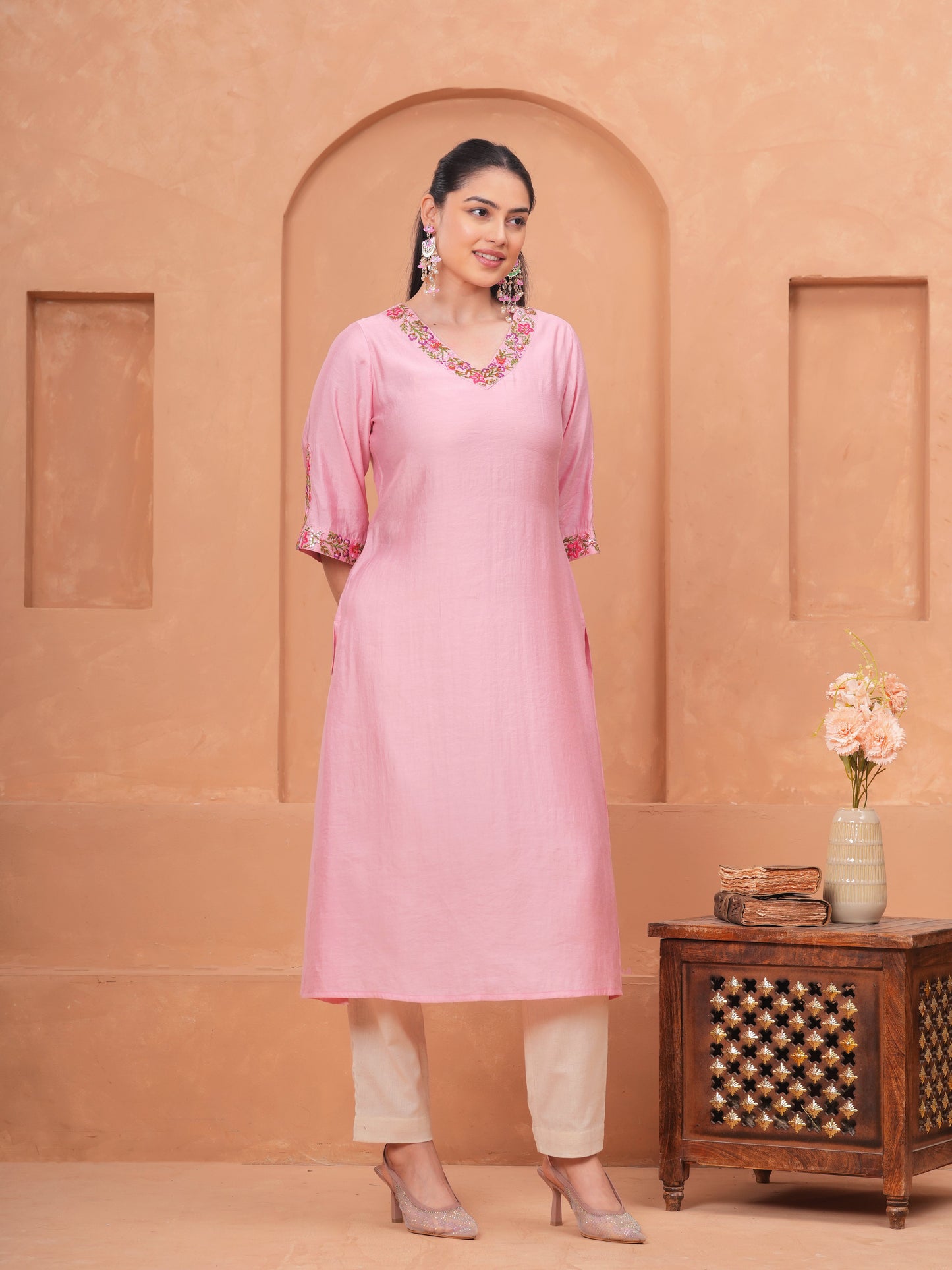 Embroidered Blended Silk Solid Straight Pink Kurta
