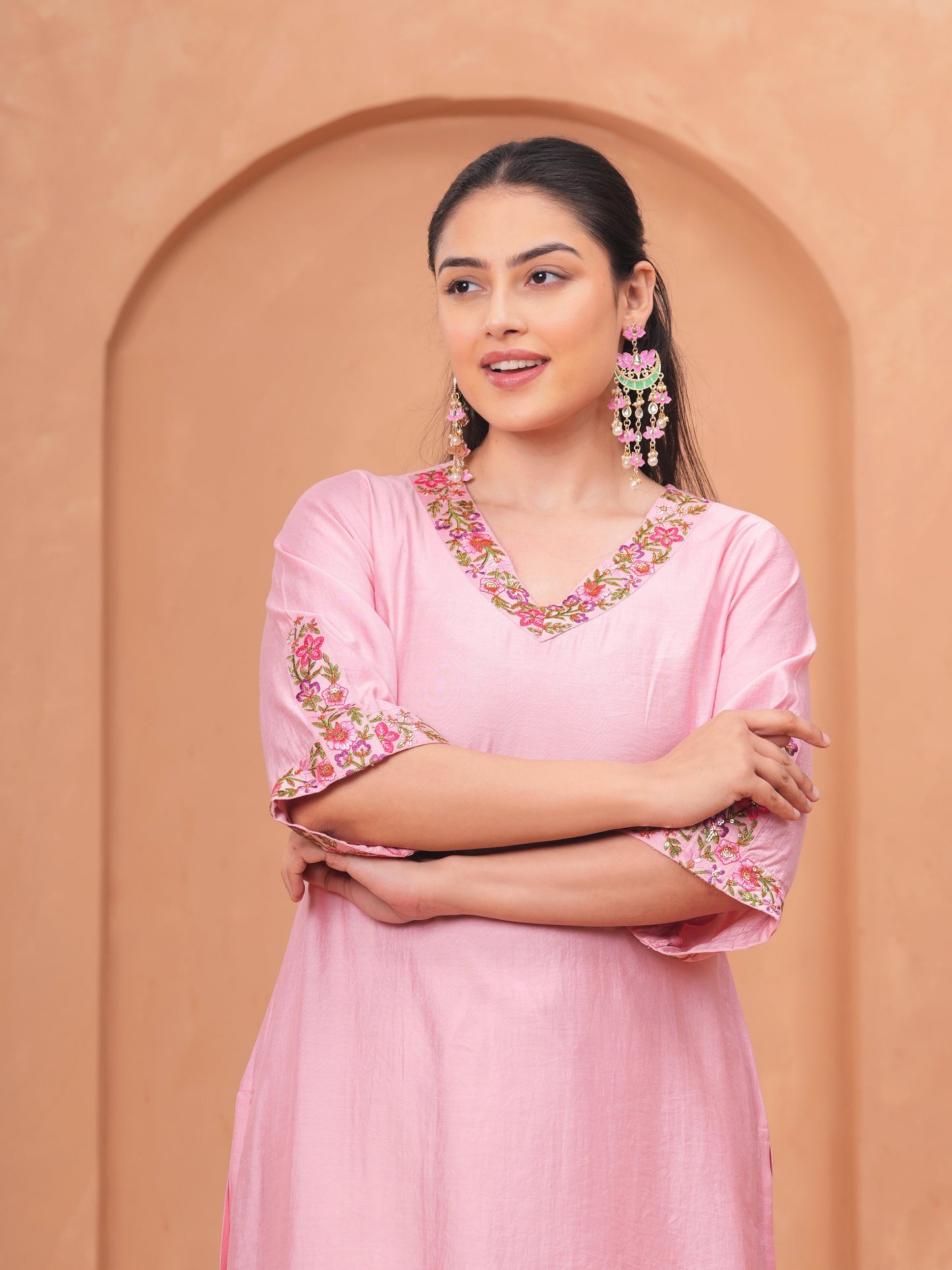 Embroidered Blended Silk Solid Straight Pink Kurta