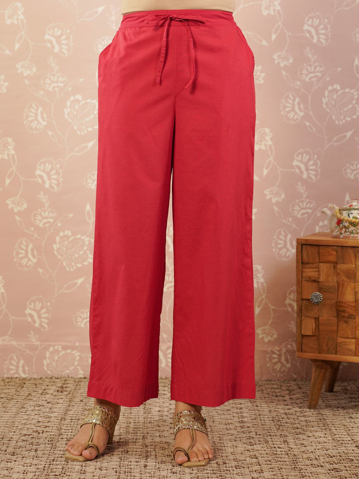 Soft Cotton Solid Red Straight Trousers