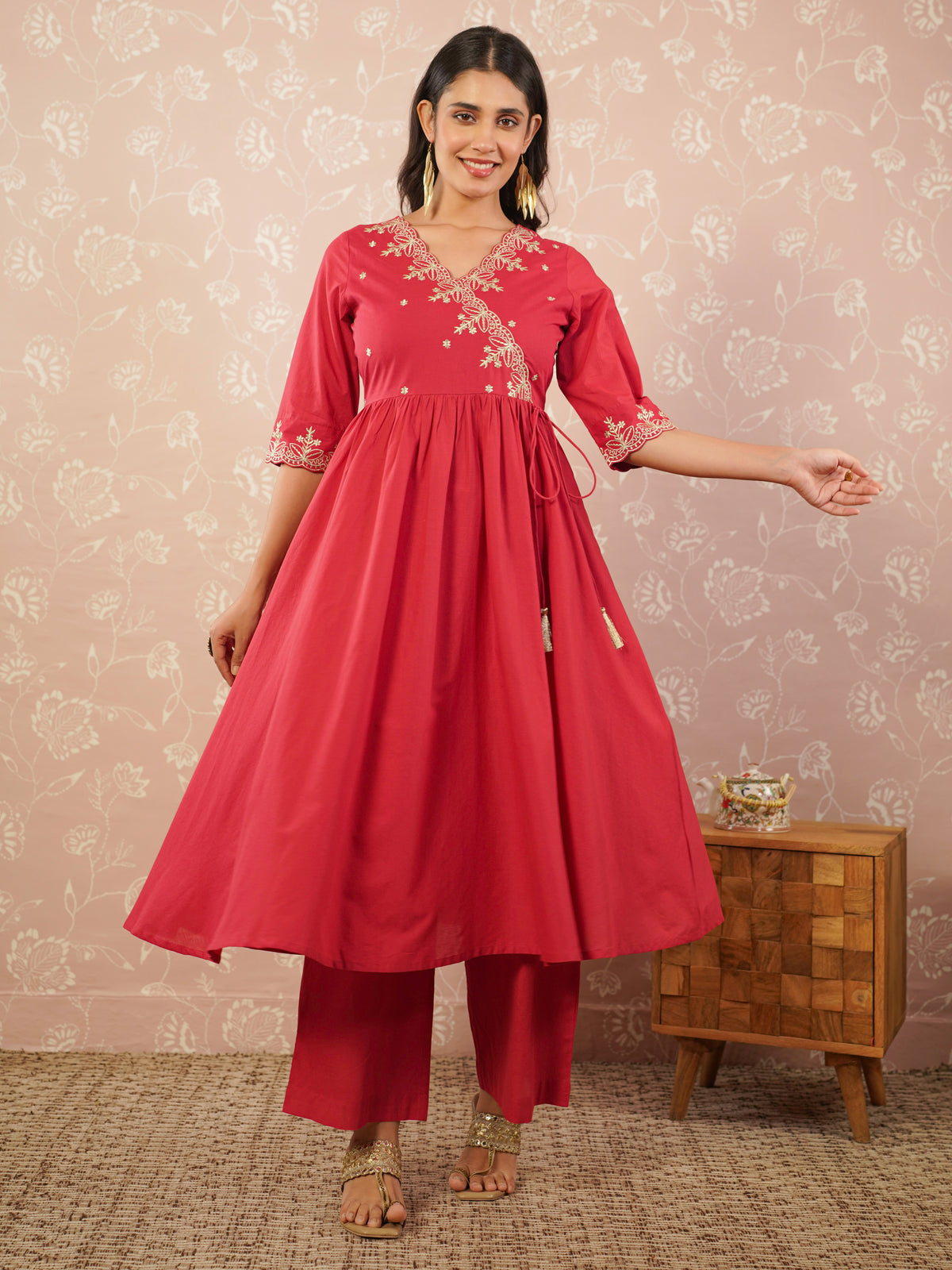 Embroidered Soft Cotton Solid Angrakha Red Kurta
