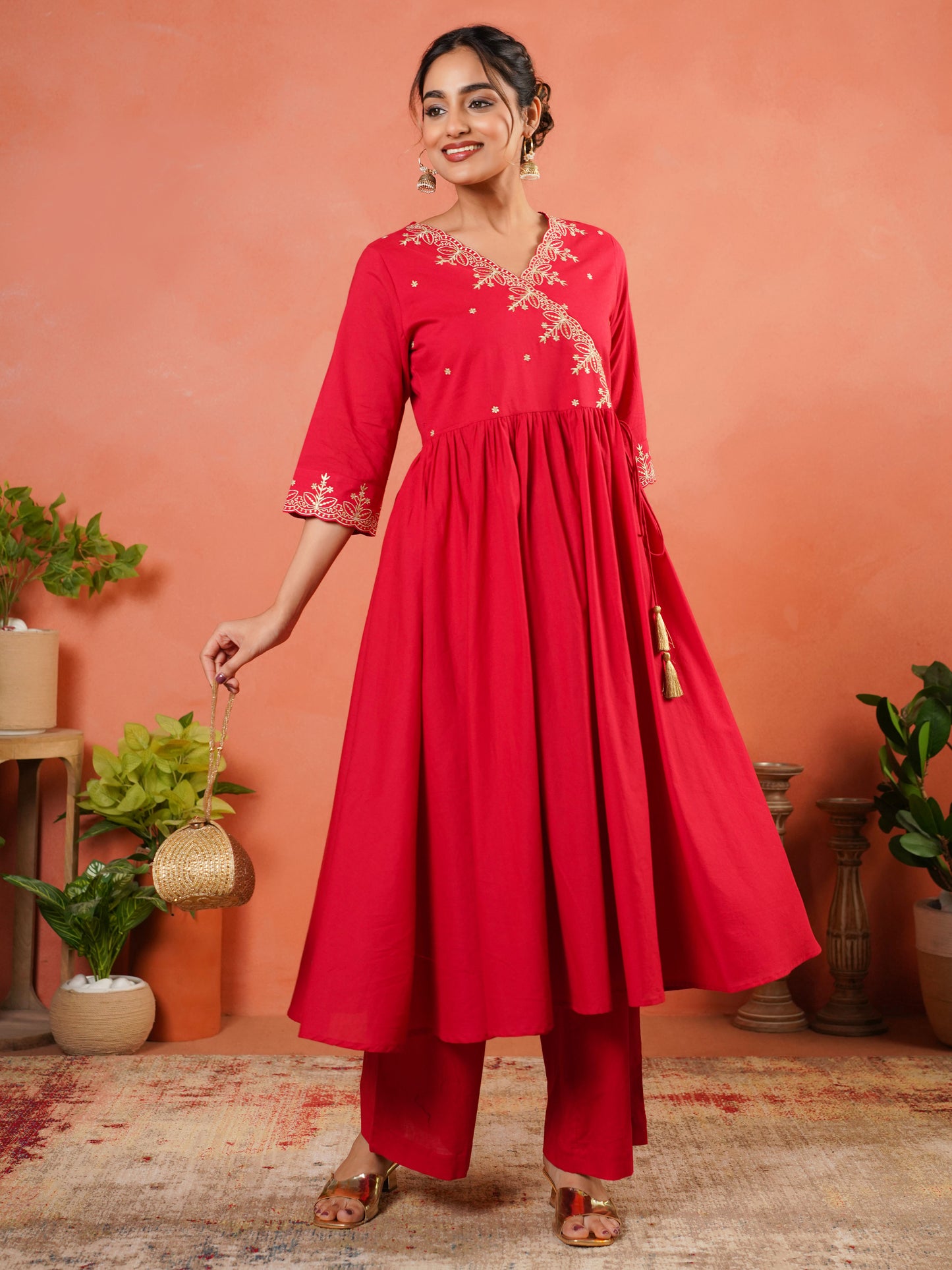 Embroidered Soft Cotton Solid Angrakha Red Kurta