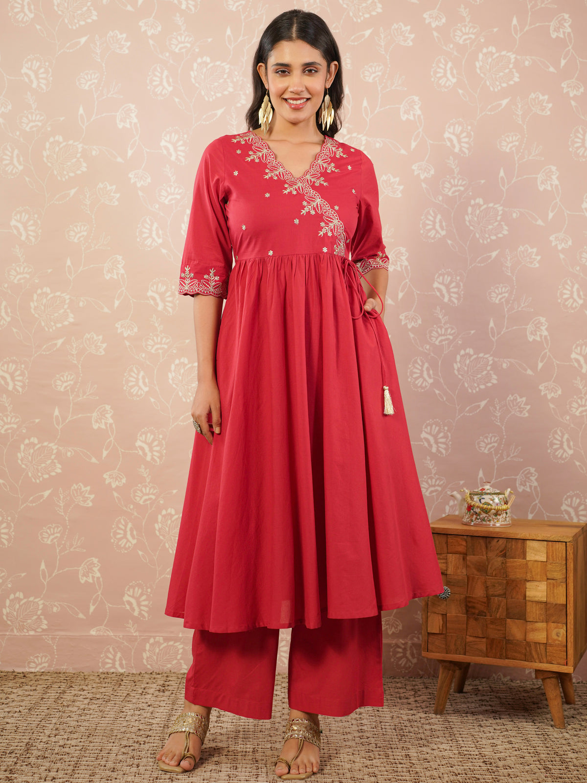 Embroidered Soft Cotton Solid Angrakha Red Kurta