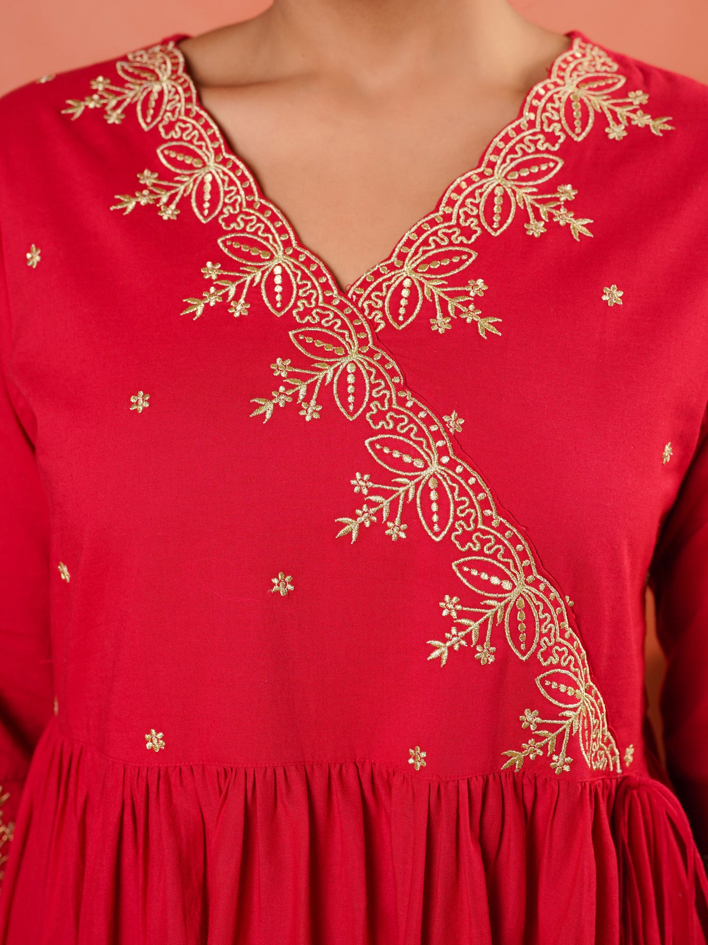 Embroidered Soft Cotton Solid Angrakha Red Kurta
