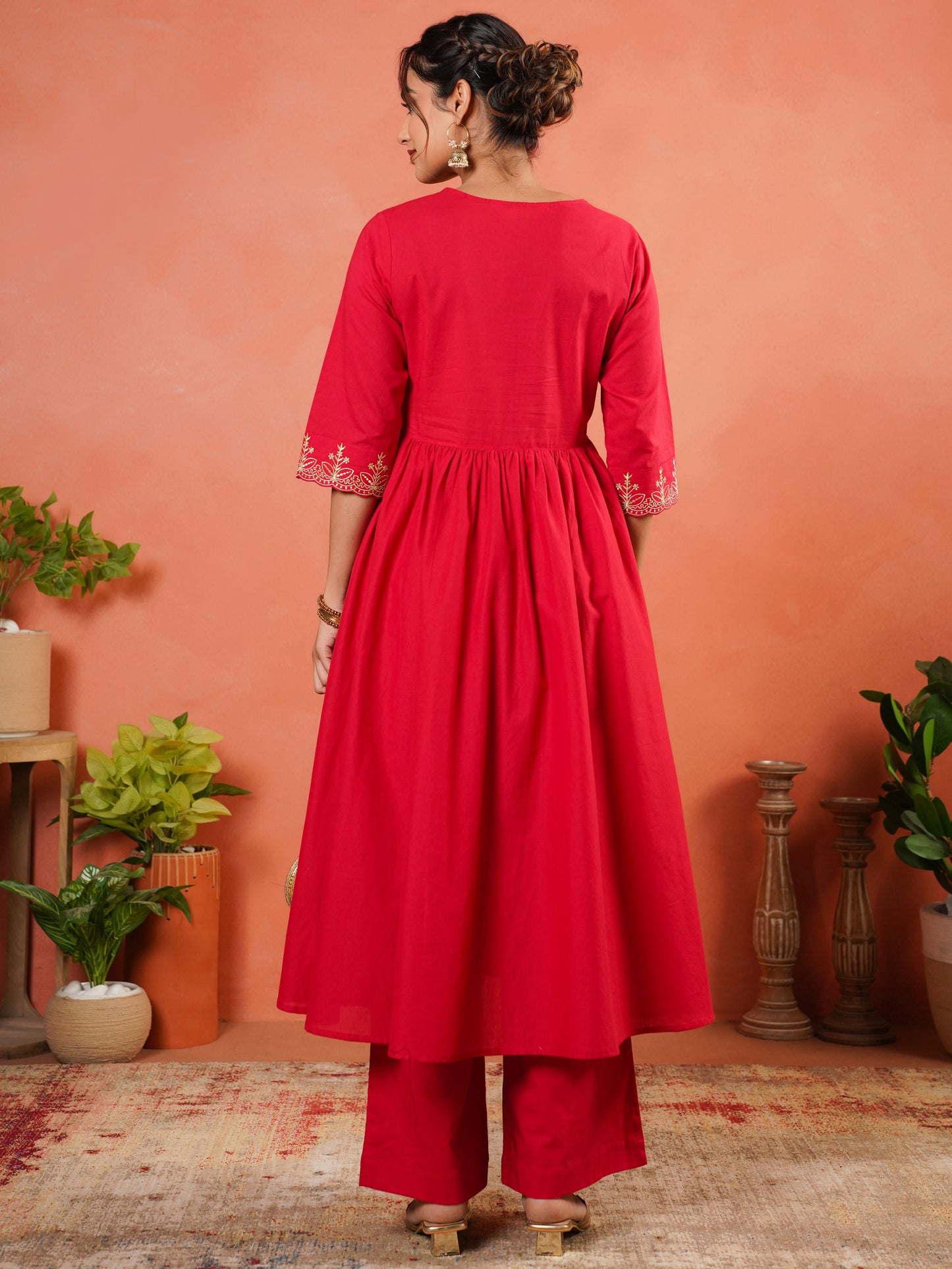 Embroidered Soft Cotton Solid Angrakha Red Kurta