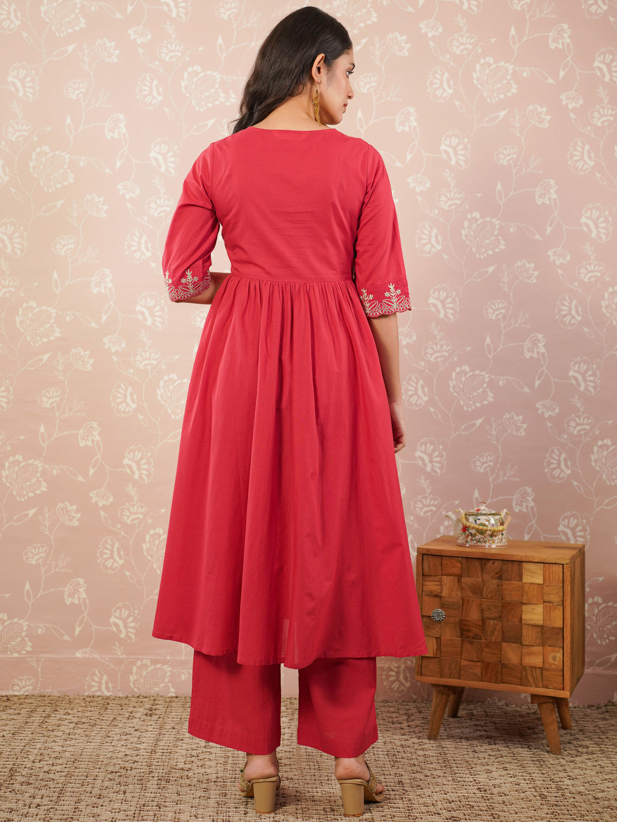 Embroidered Soft Cotton Solid Angrakha Red Kurta