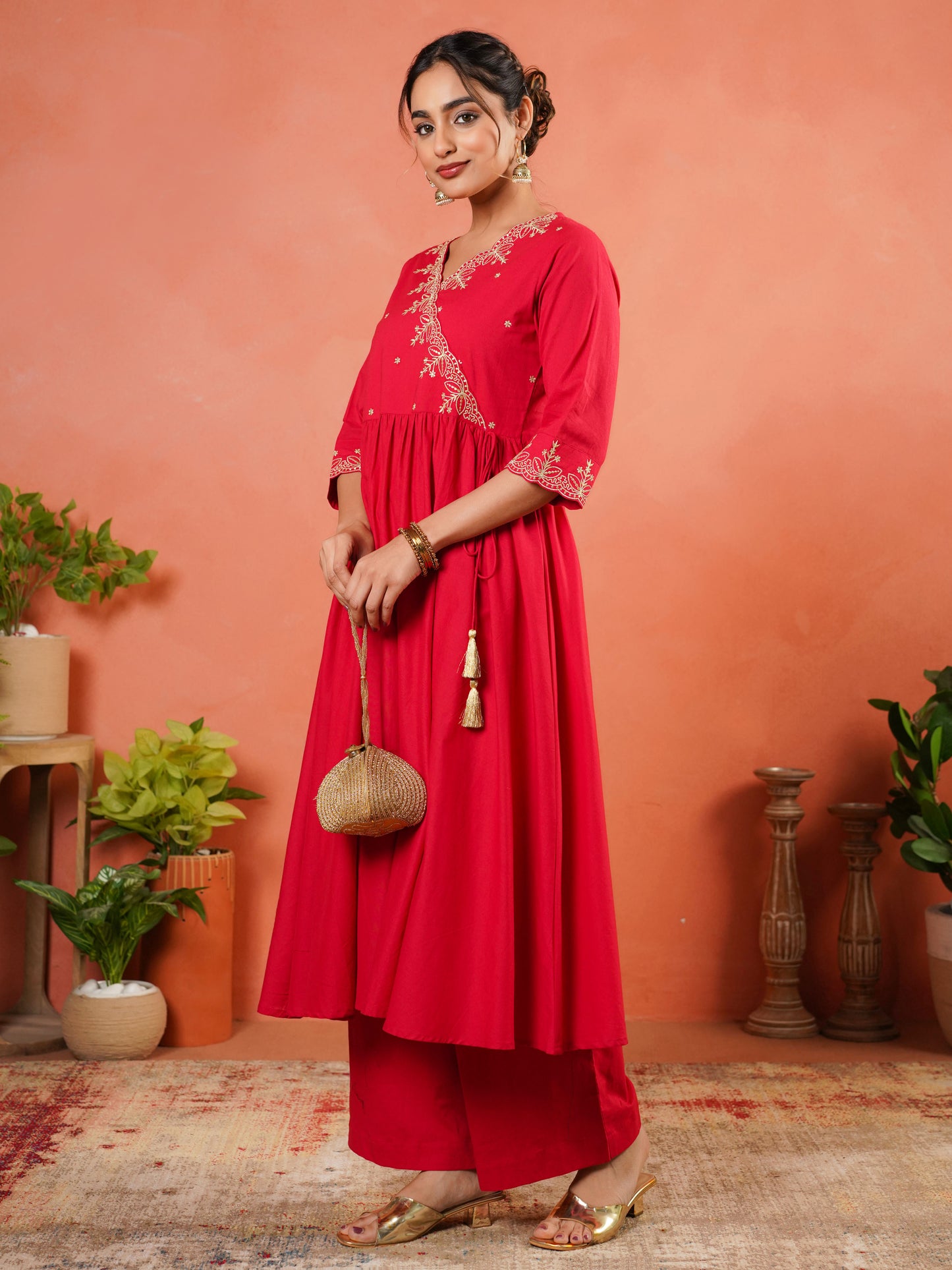 Embroidered Soft Cotton Solid Angrakha Red Kurta