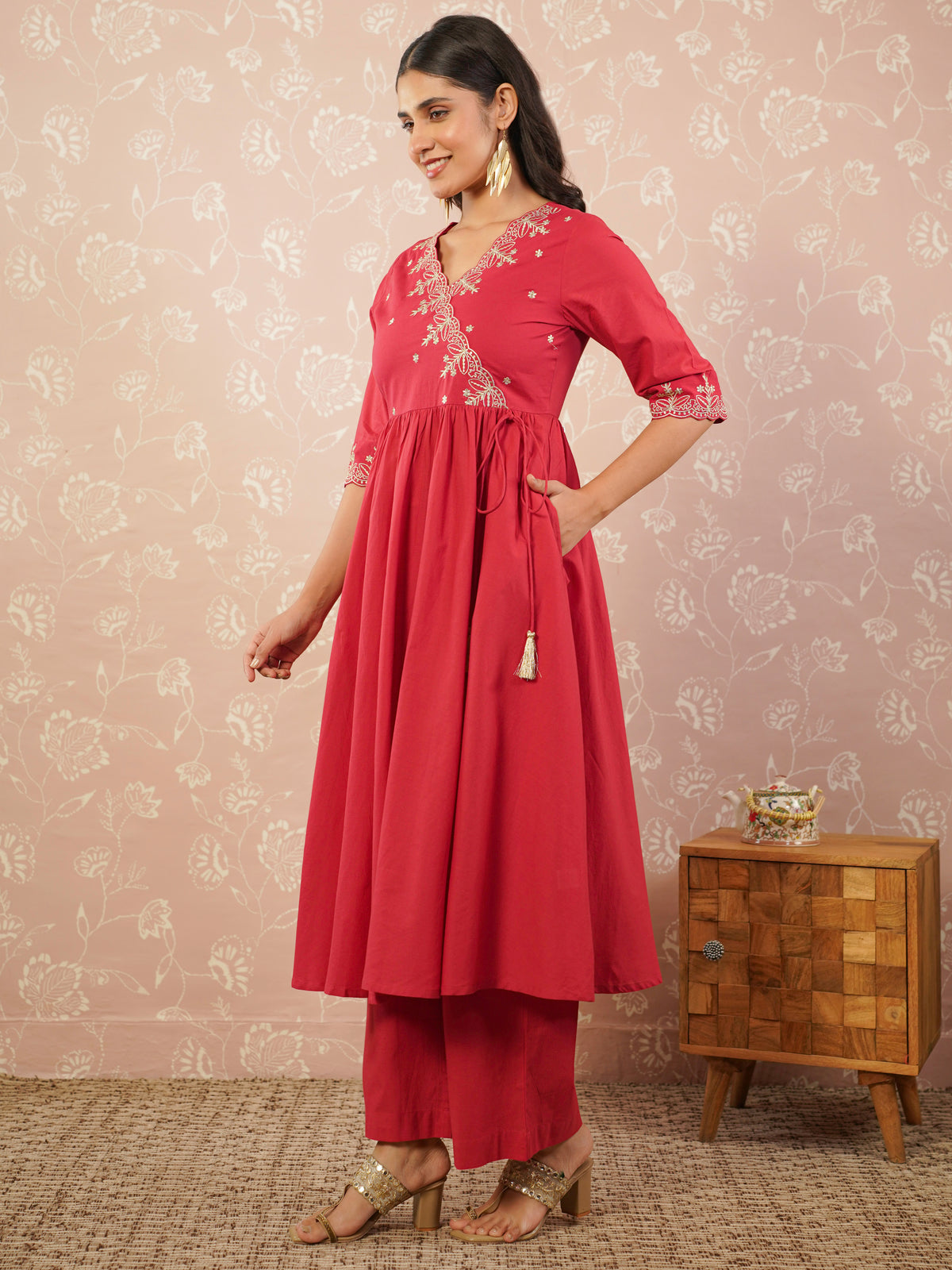 Embroidered Soft Cotton Solid Angrakha Red Kurta