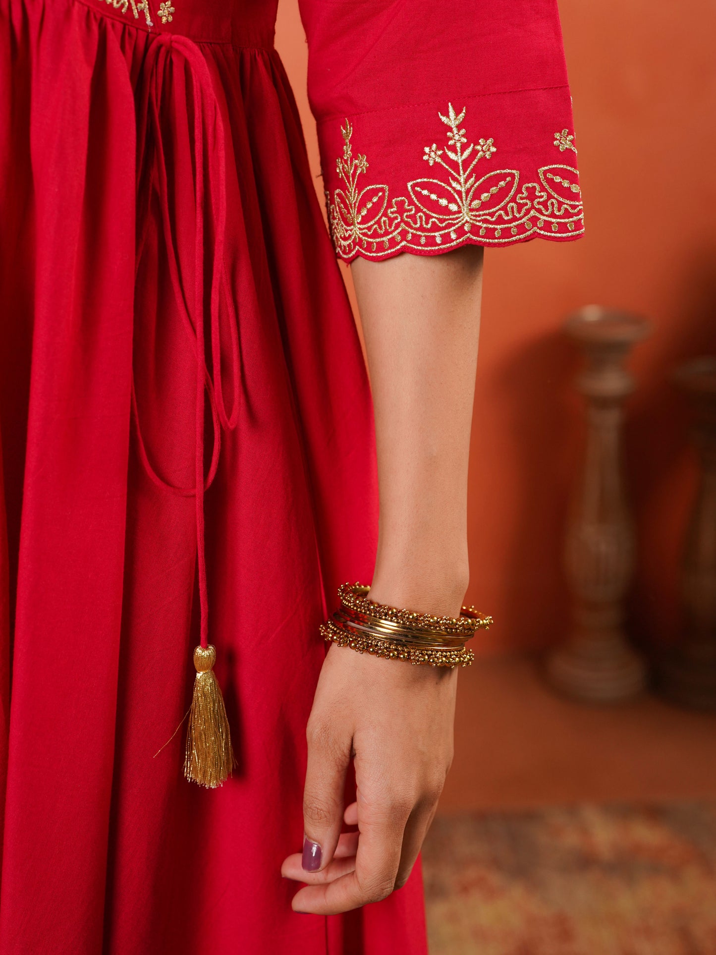 Embroidered Soft Cotton Solid Angrakha Red Kurta