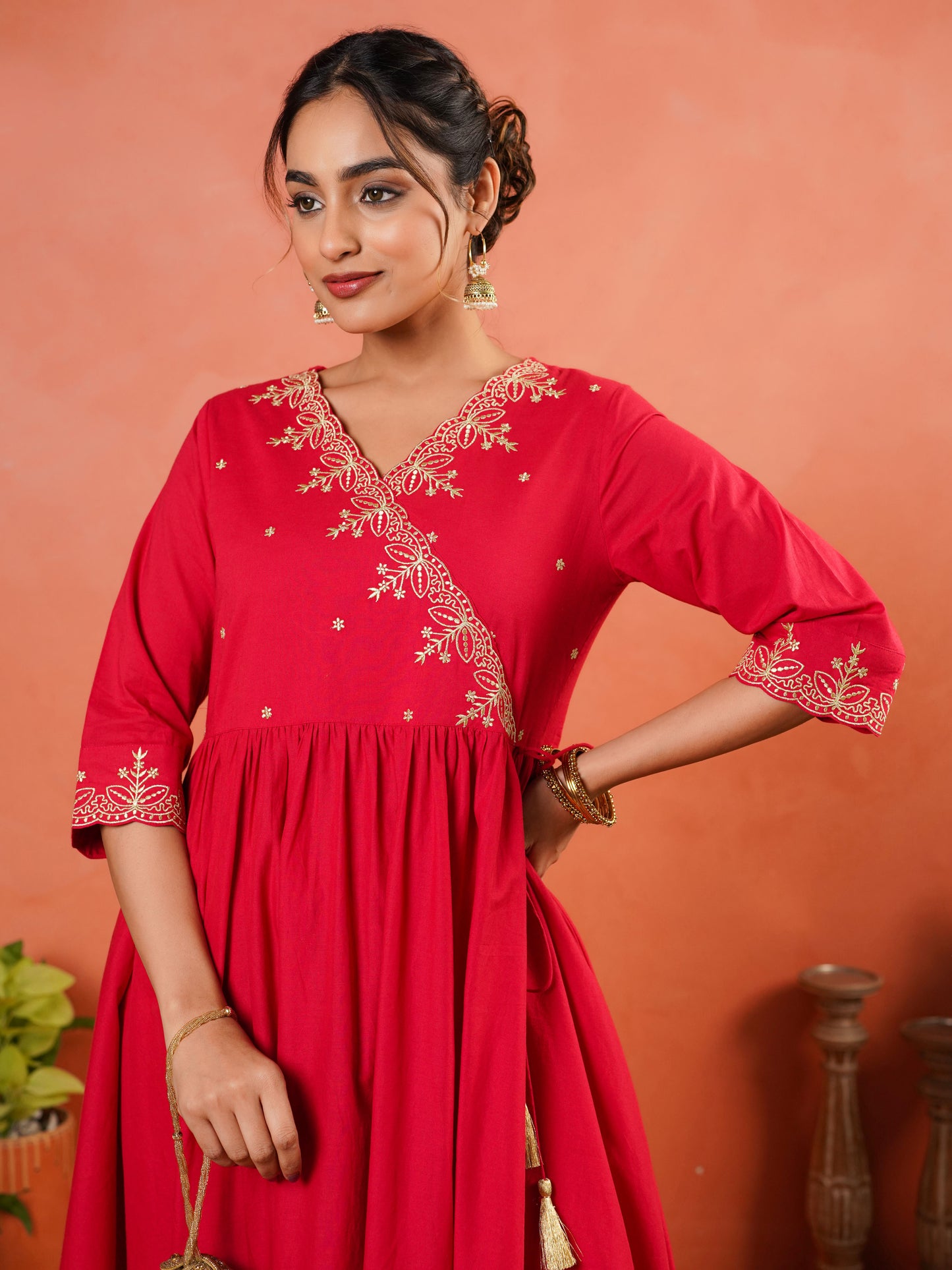 Embroidered Soft Cotton Solid Angrakha Red Kurta