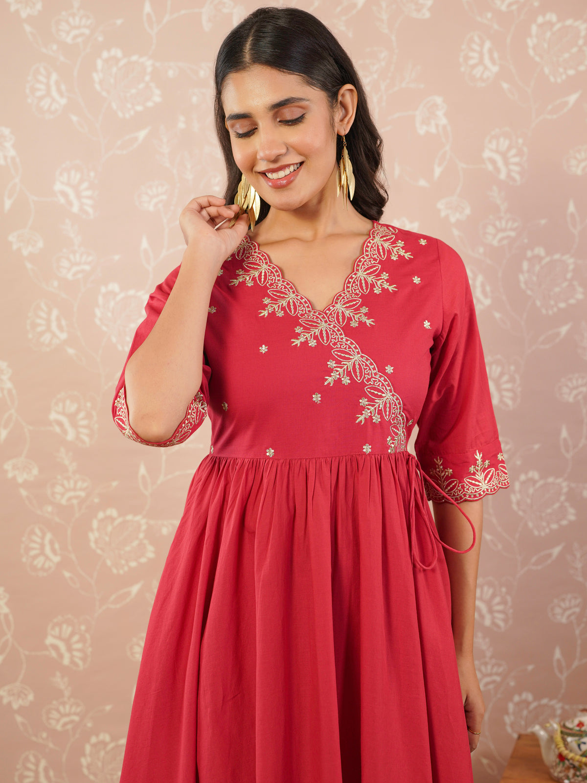 Embroidered Soft Cotton Solid Angrakha Red Kurta