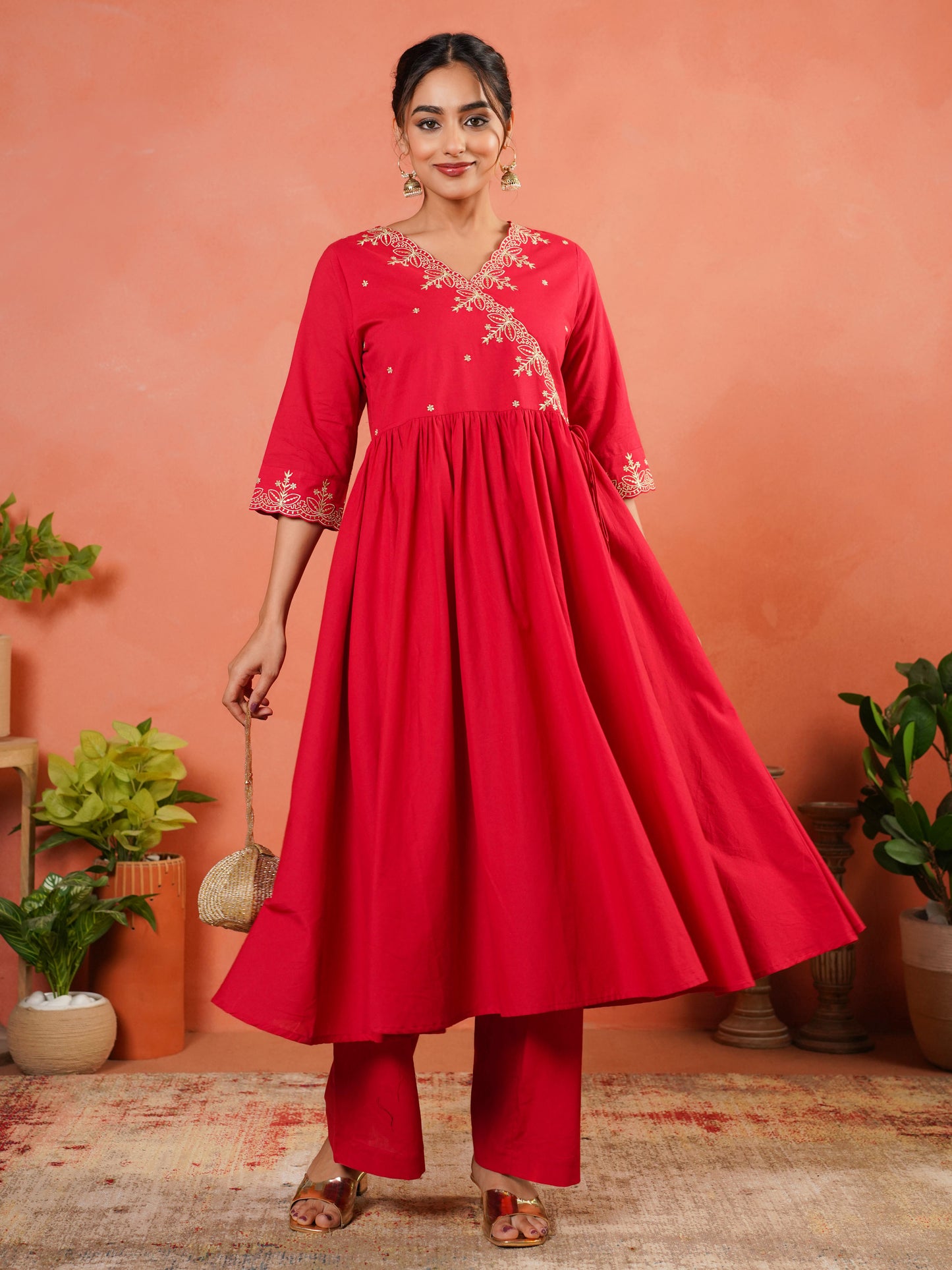 Embroidered Soft Cotton Solid Angrakha Red Kurta