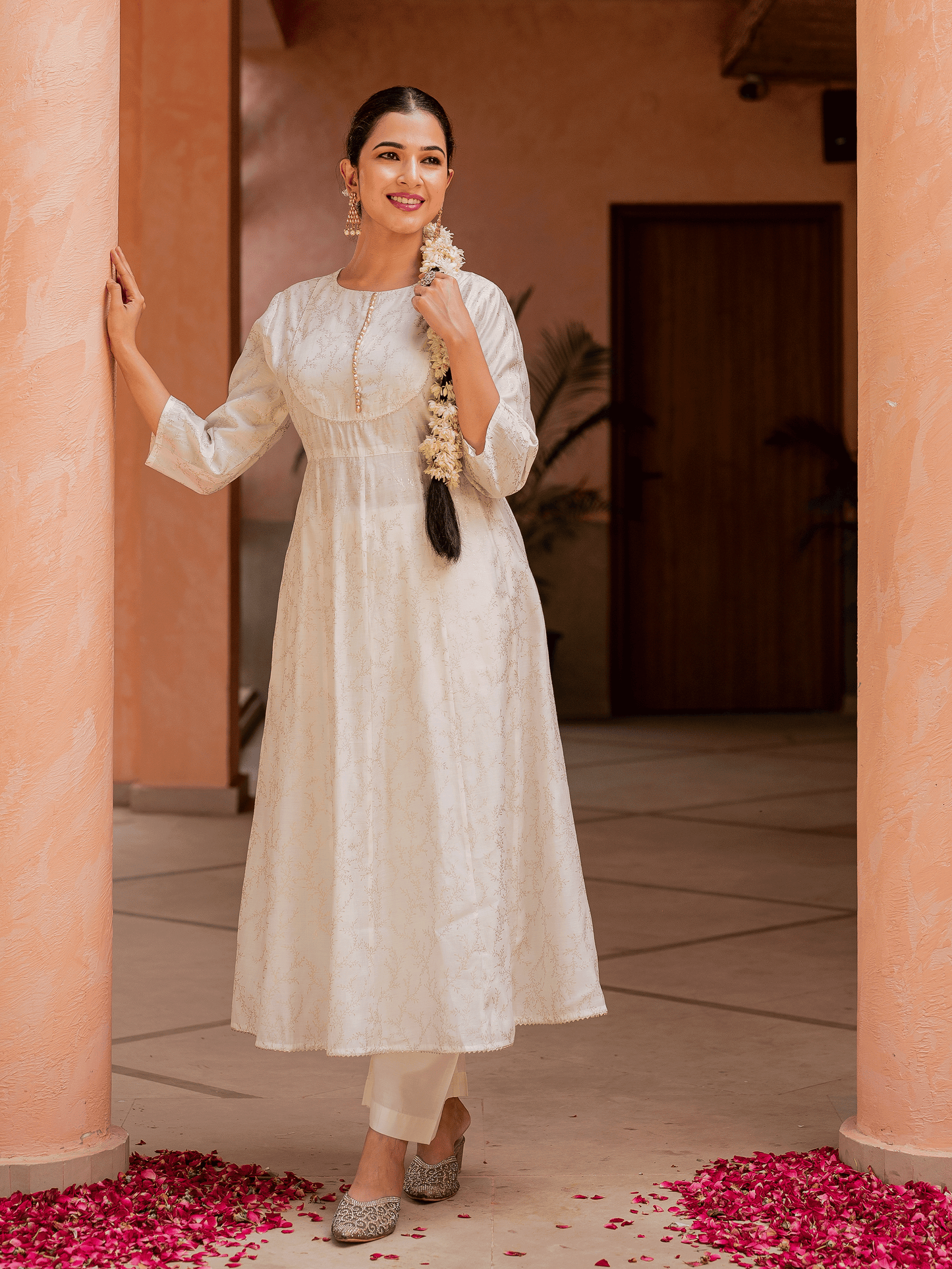 Chanderi Gold foil Anarkali Off White