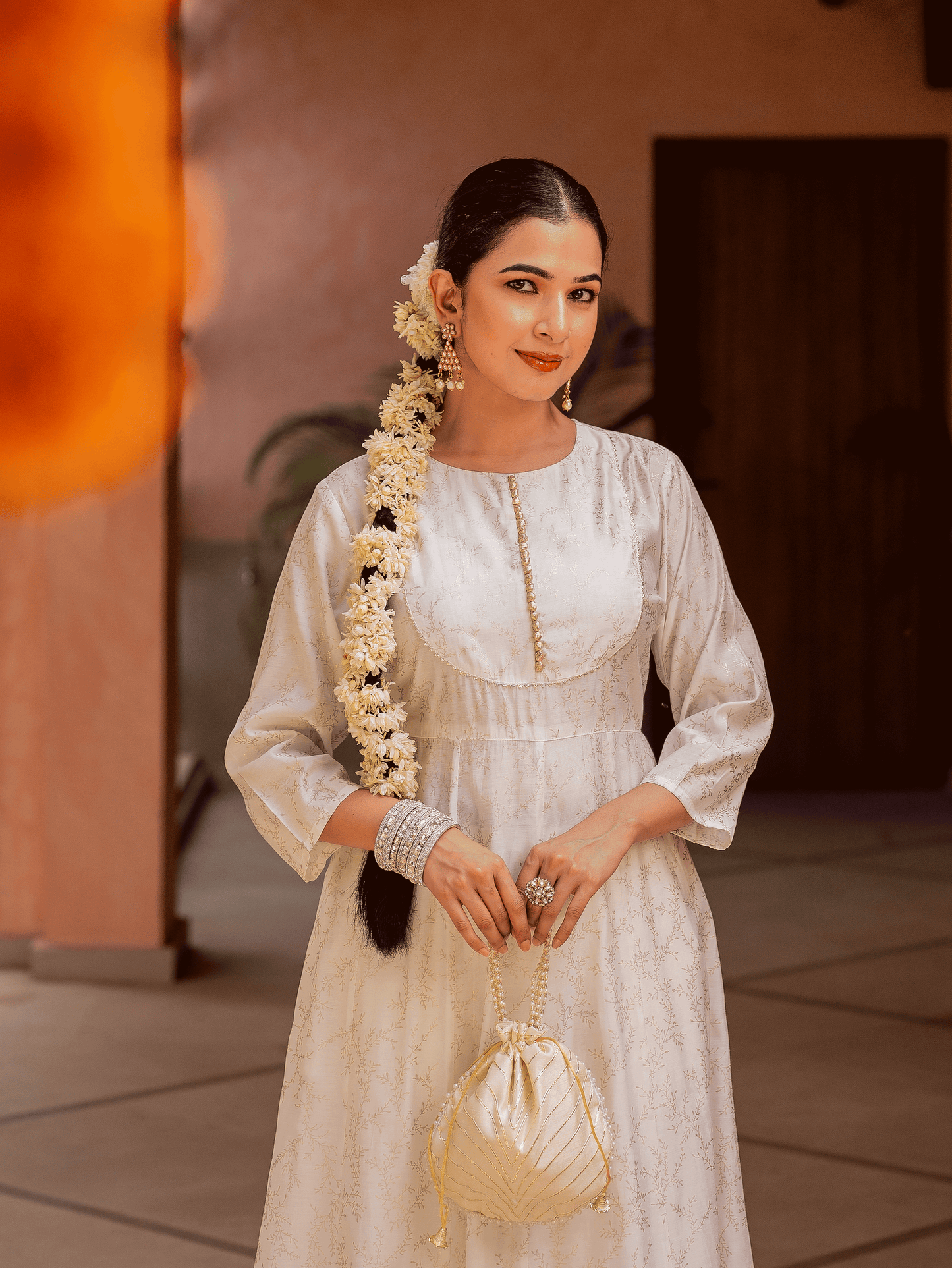 Chanderi Gold foil Anarkali Off White