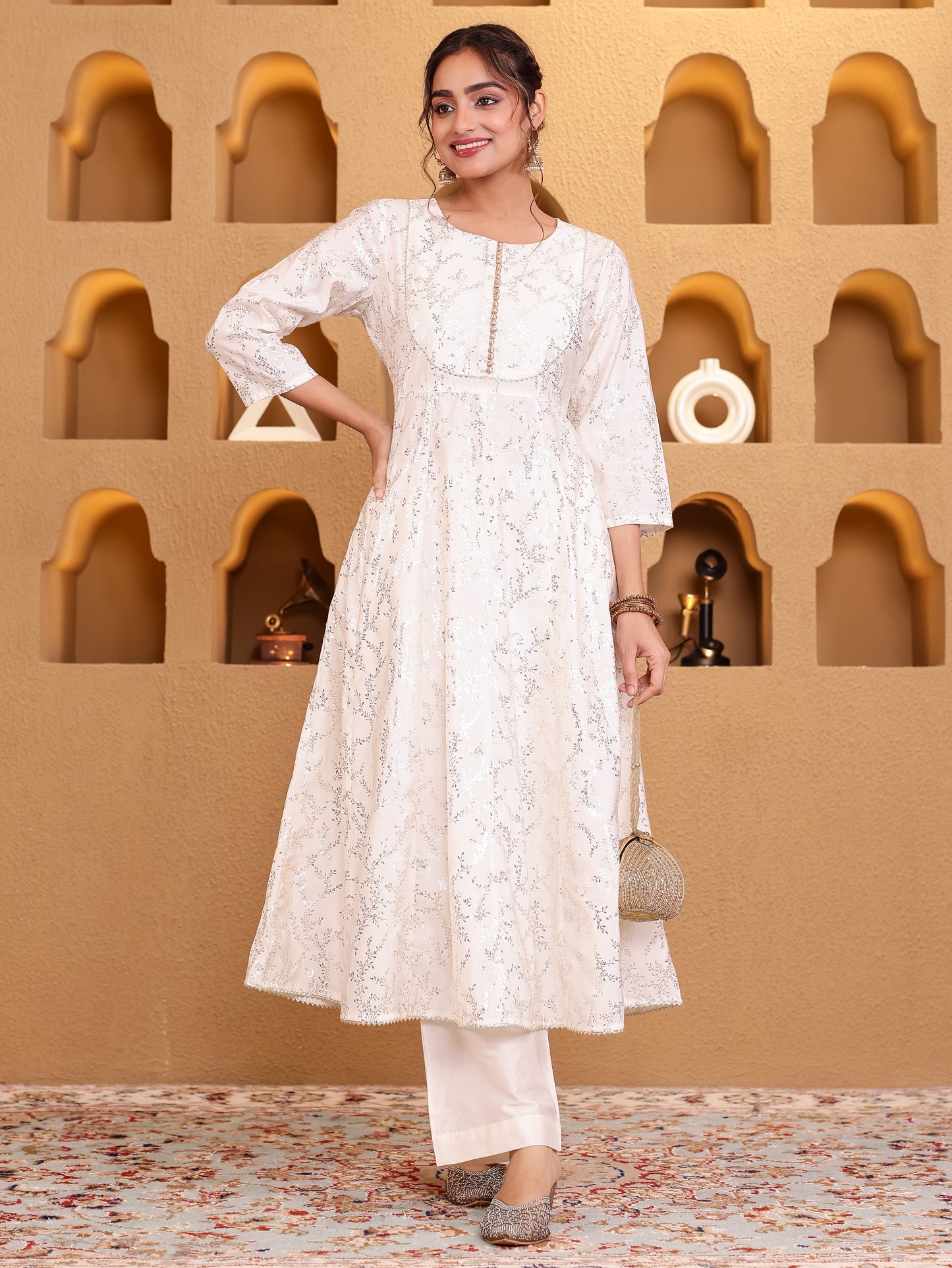 Chanderi Gold foil Anarkali Off White