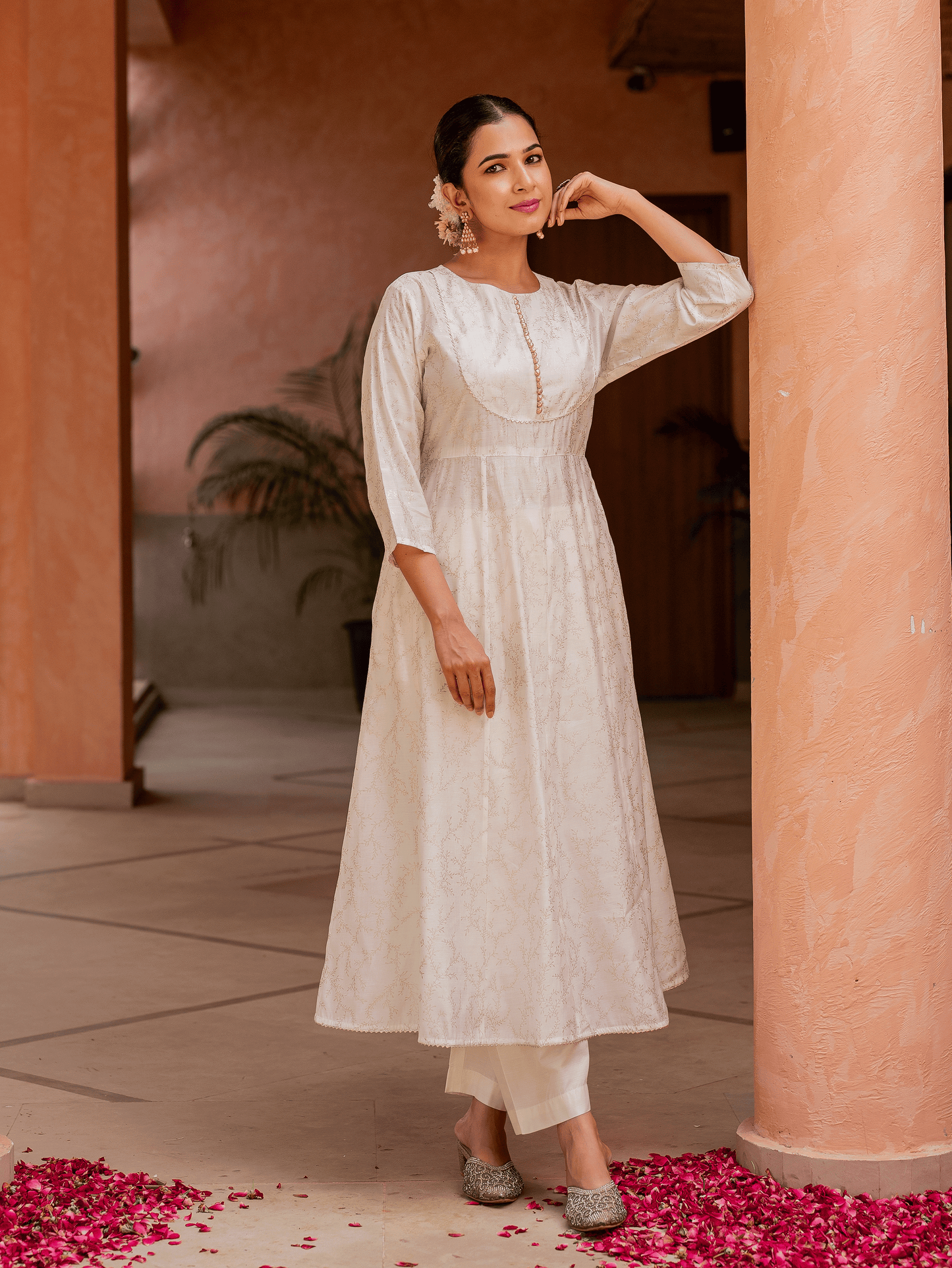 Chanderi Gold foil Anarkali Off White