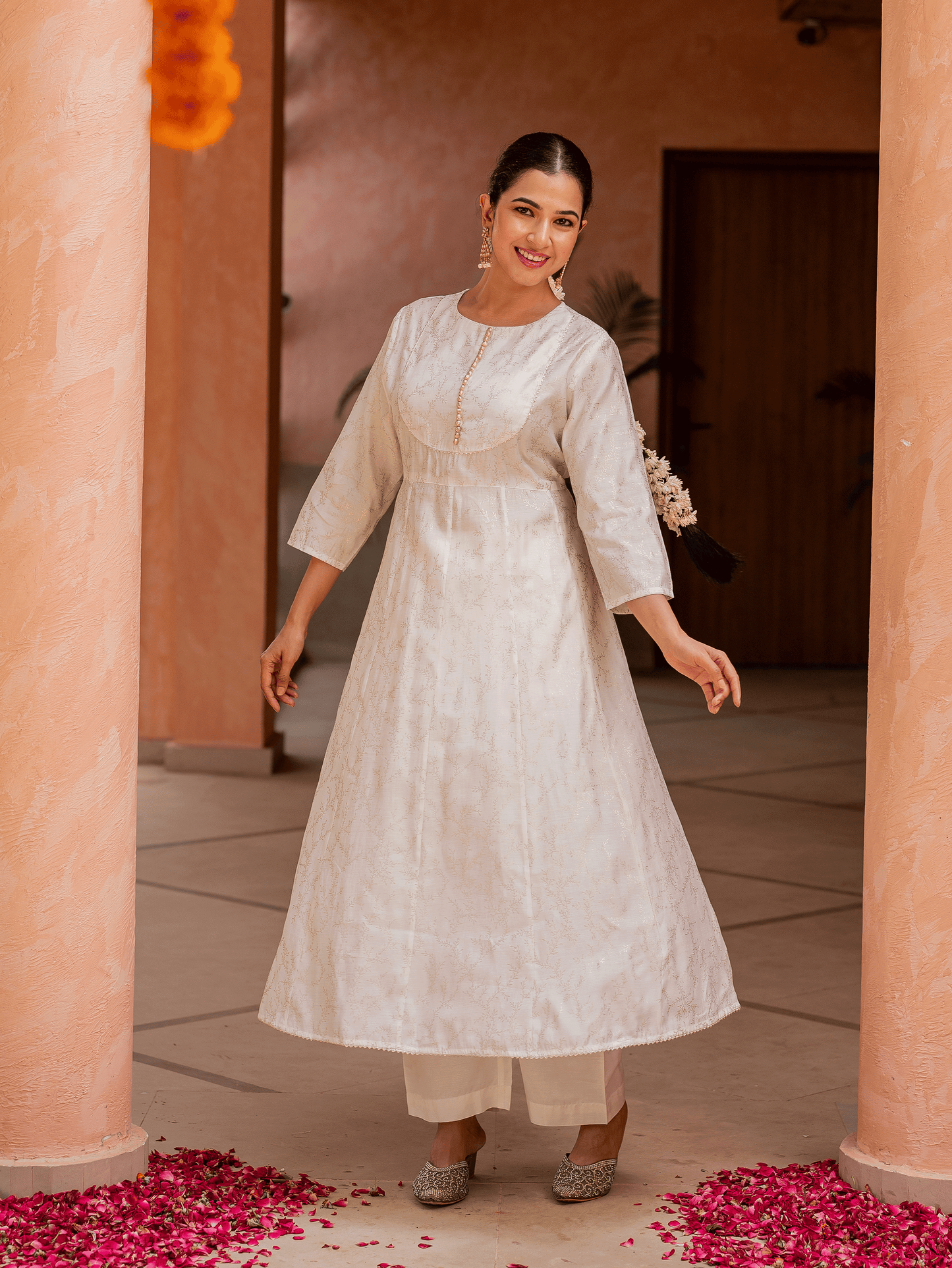 Chanderi Gold foil Anarkali Off White