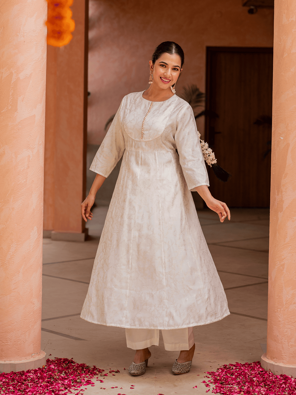 Chanderi Gold foil Anarkali Off White