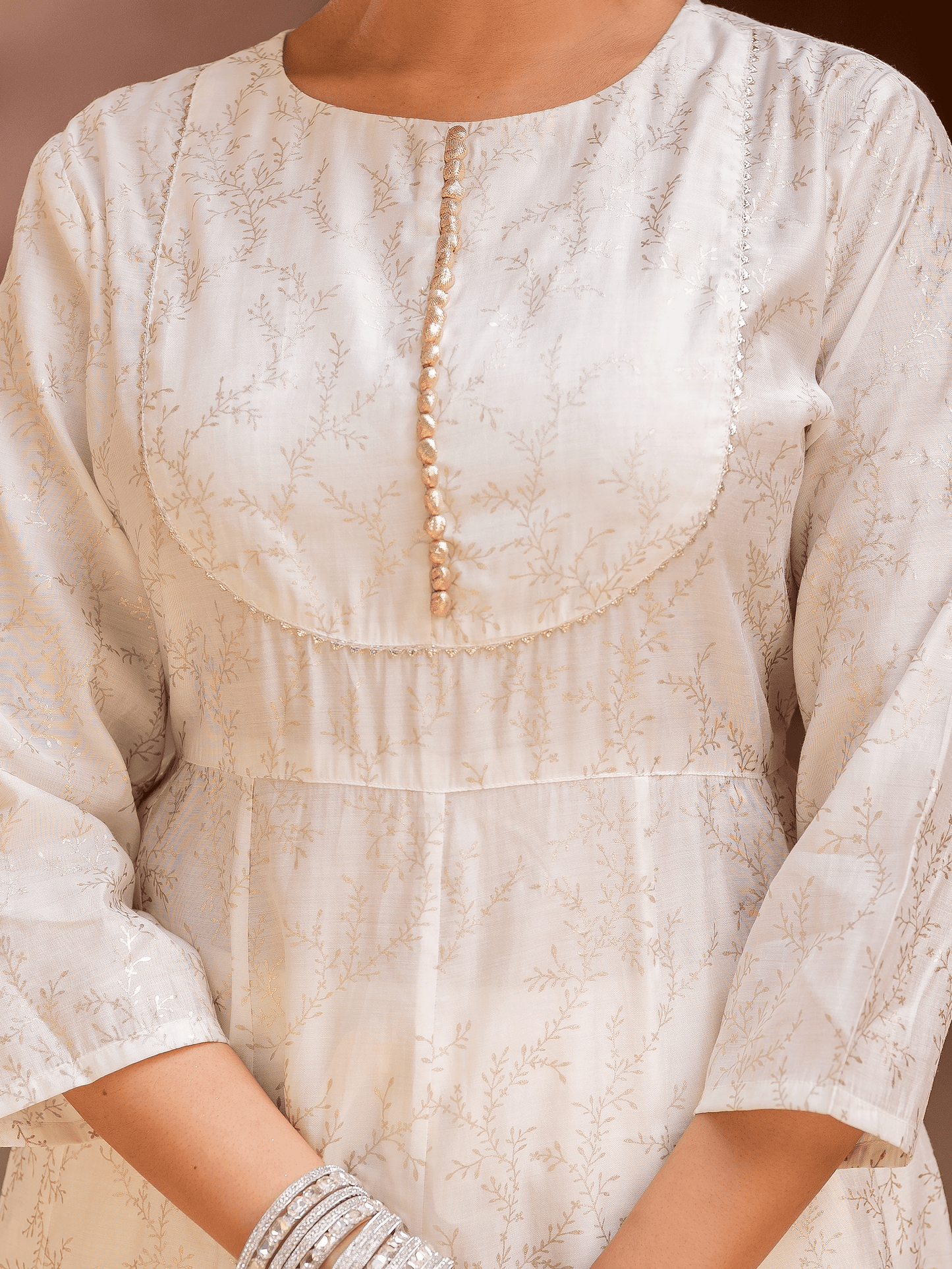 Chanderi Gold foil Anarkali Off White