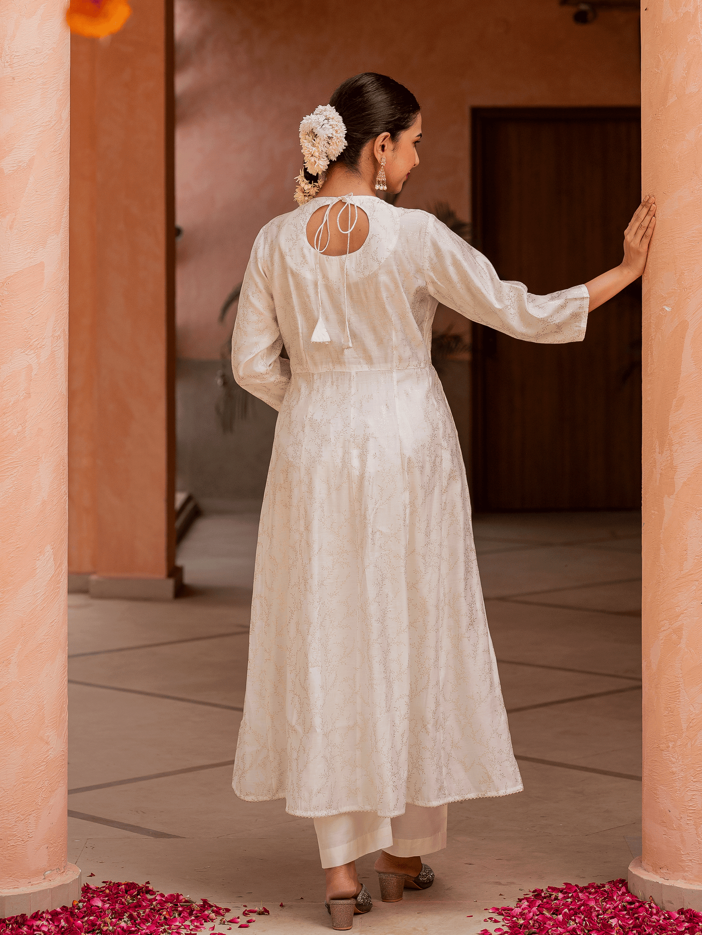 Chanderi Gold foil Anarkali Off White