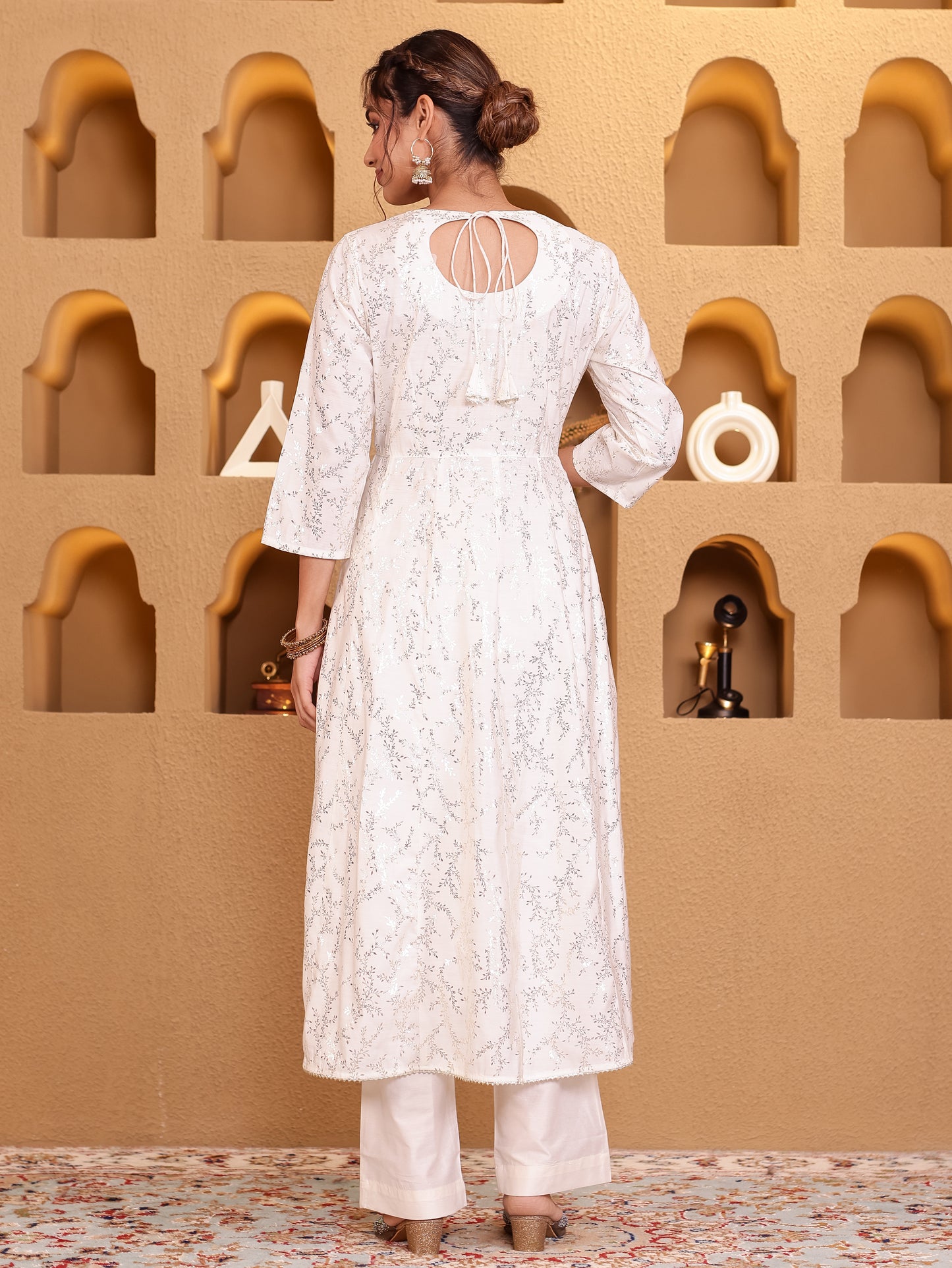 Chanderi Gold foil Anarkali Off White