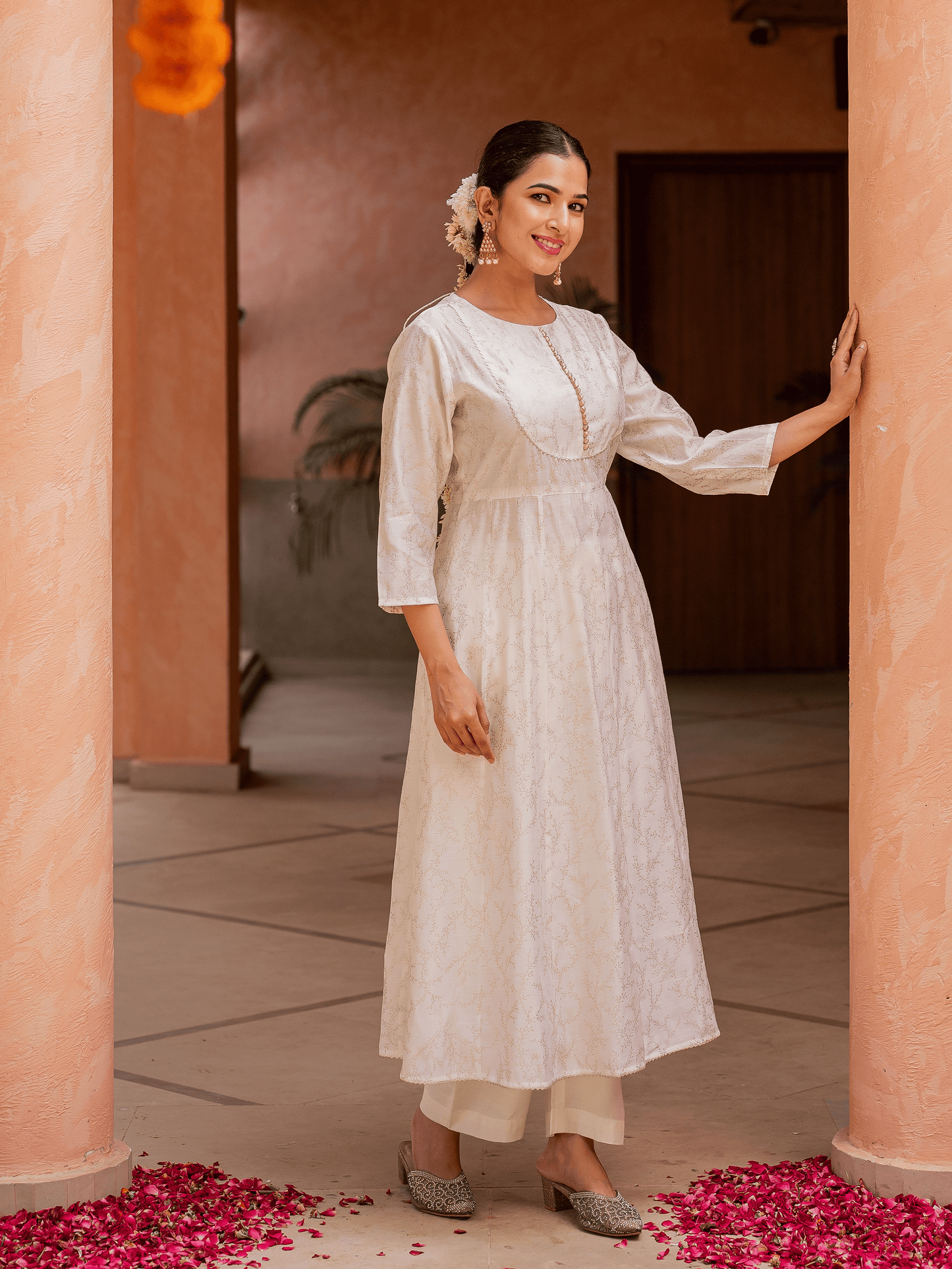 Chanderi Gold foil Anarkali Off White