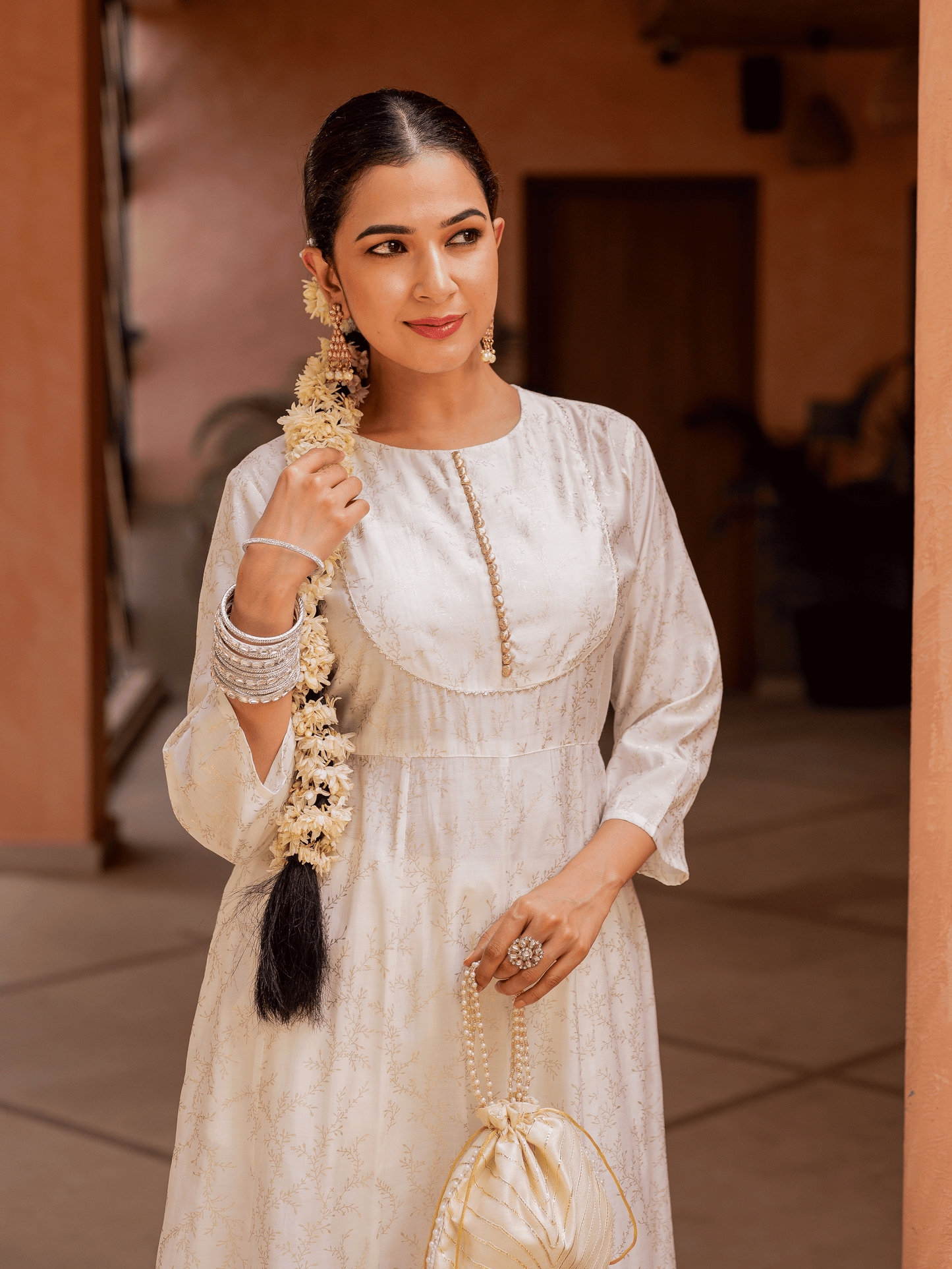 Chanderi Gold foil Anarkali Off White