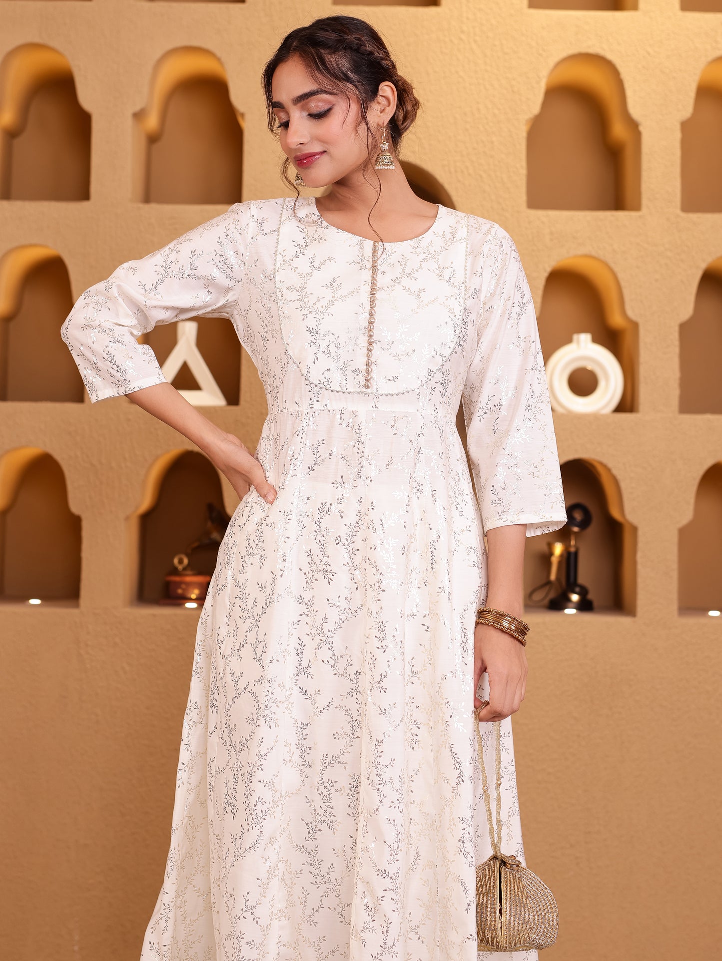 Chanderi Gold foil Anarkali Off White