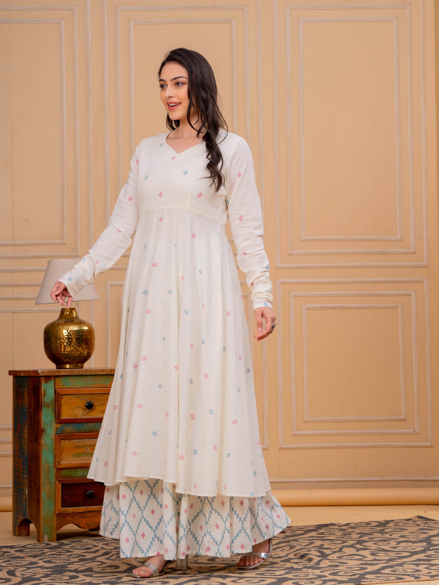 Soft Cotton Butti Anarkali Cream Kurta