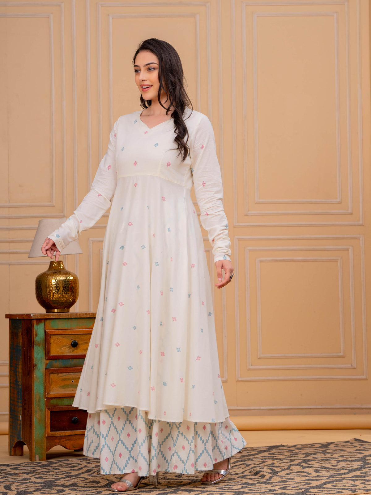 Soft Cotton Butti Anarkali Cream Kurta