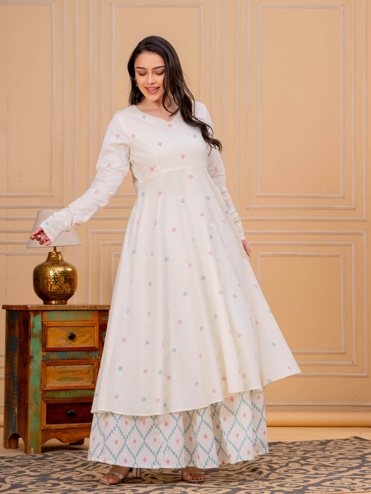 Soft Cotton Butti Anarkali Cream Kurta