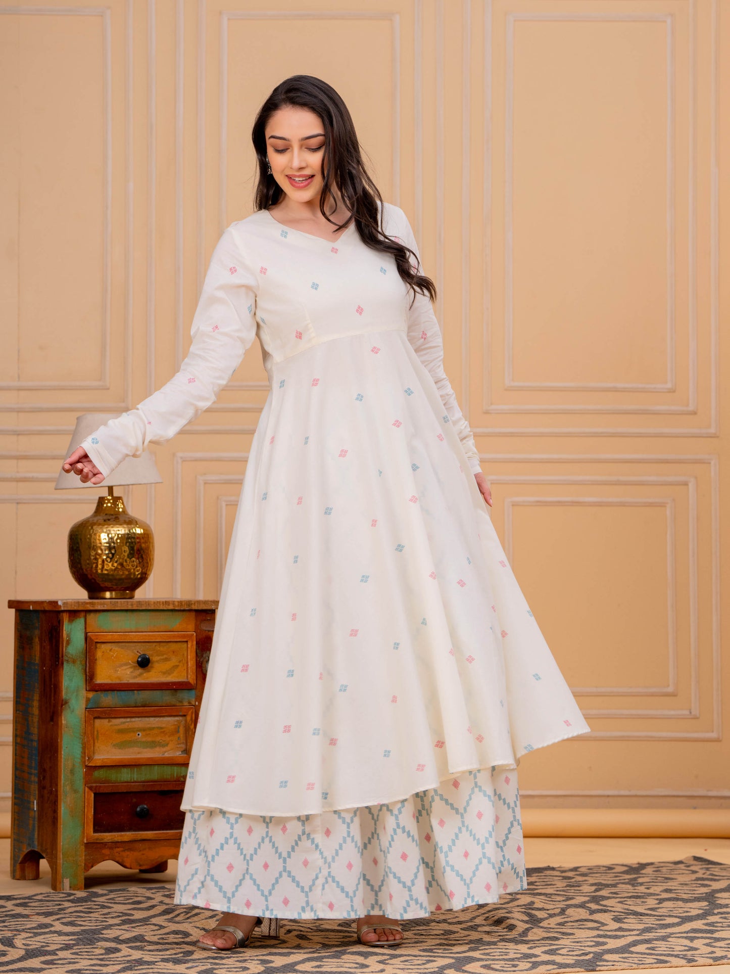 Soft Cotton Butti Anarkali Cream Kurta