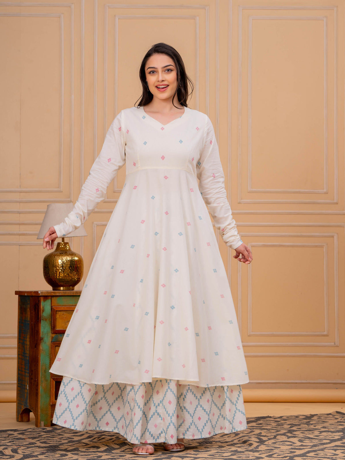 Soft Cotton Butti Anarkali Cream Kurta