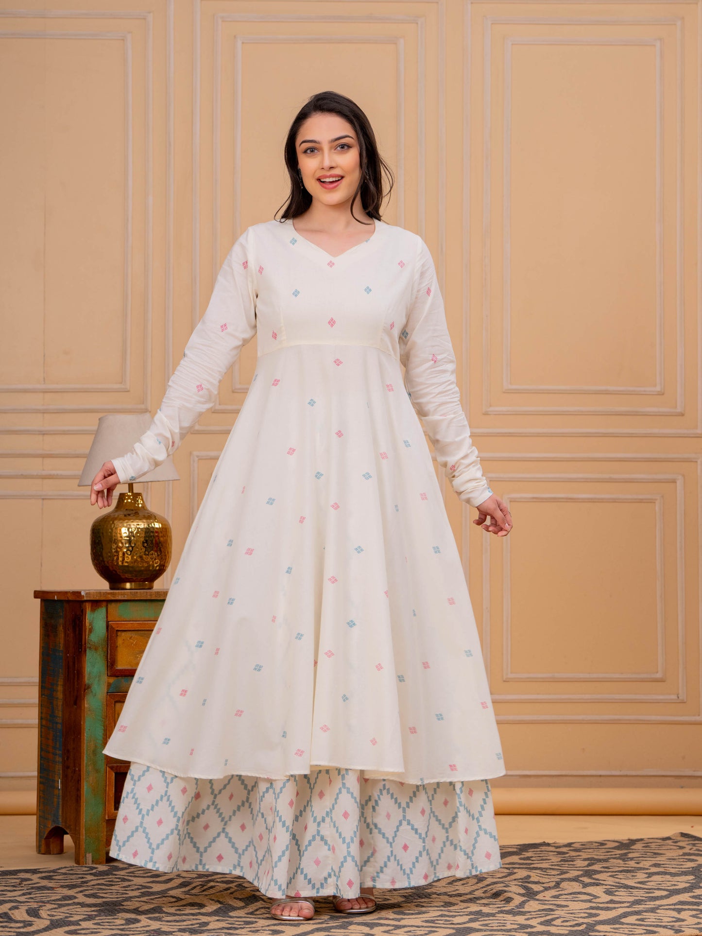 Soft Cotton Butti Anarkali Cream Kurta