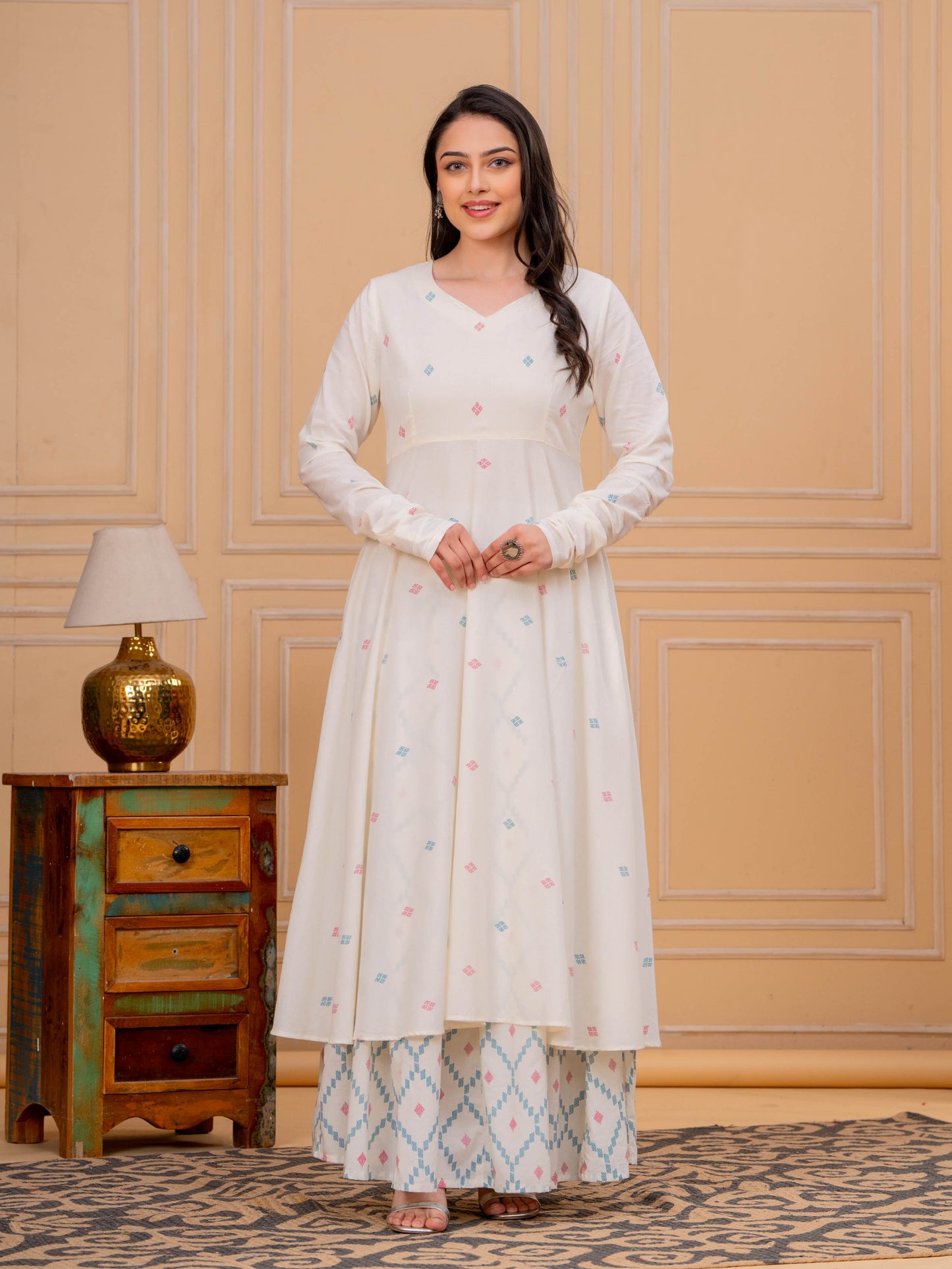 Soft Cotton Butti Anarkali Cream Kurta