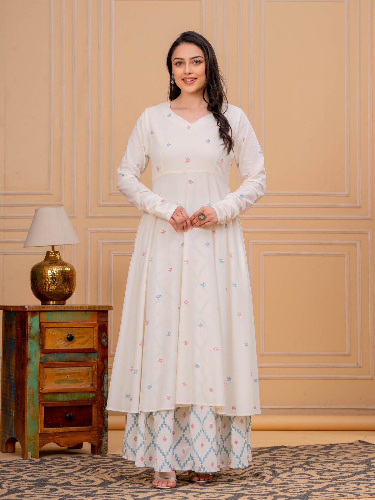 Soft Cotton Butti Anarkali Cream Kurta