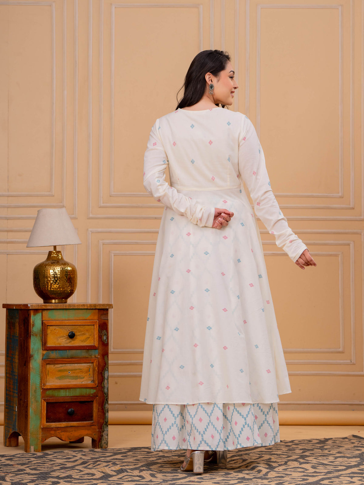 Soft Cotton Butti Anarkali Cream Kurta