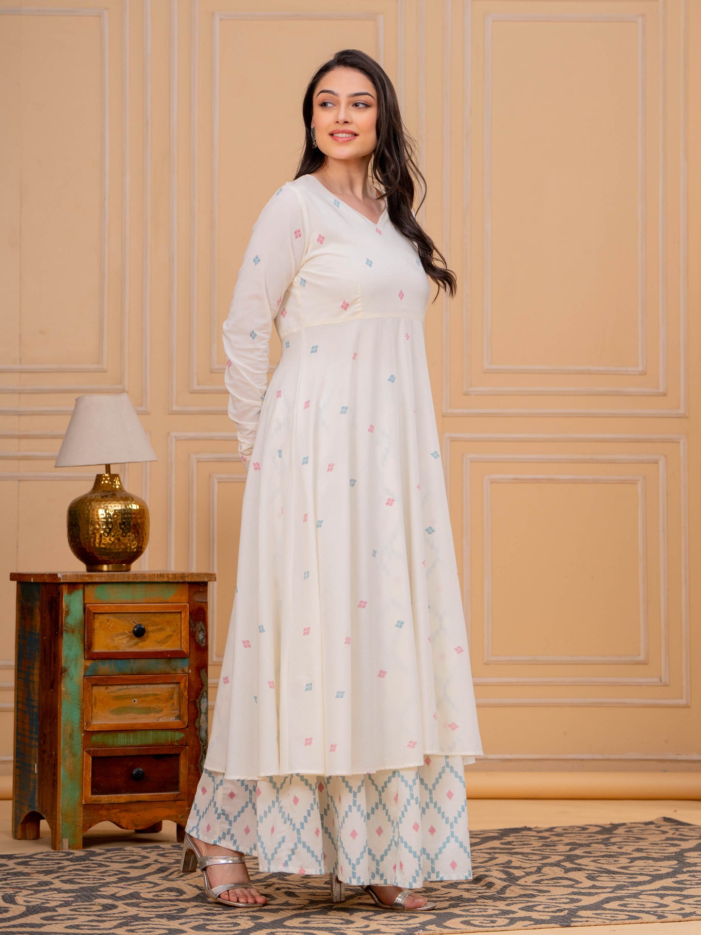 Soft Cotton Butti Anarkali Cream Kurta