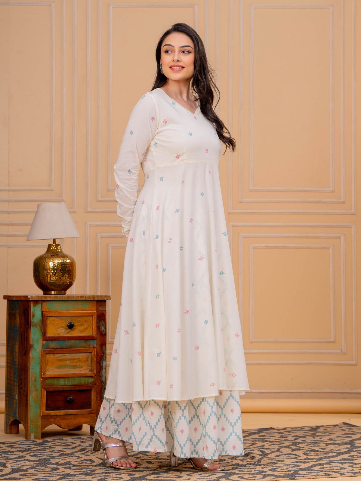 Soft Cotton Butti Anarkali Cream Kurta