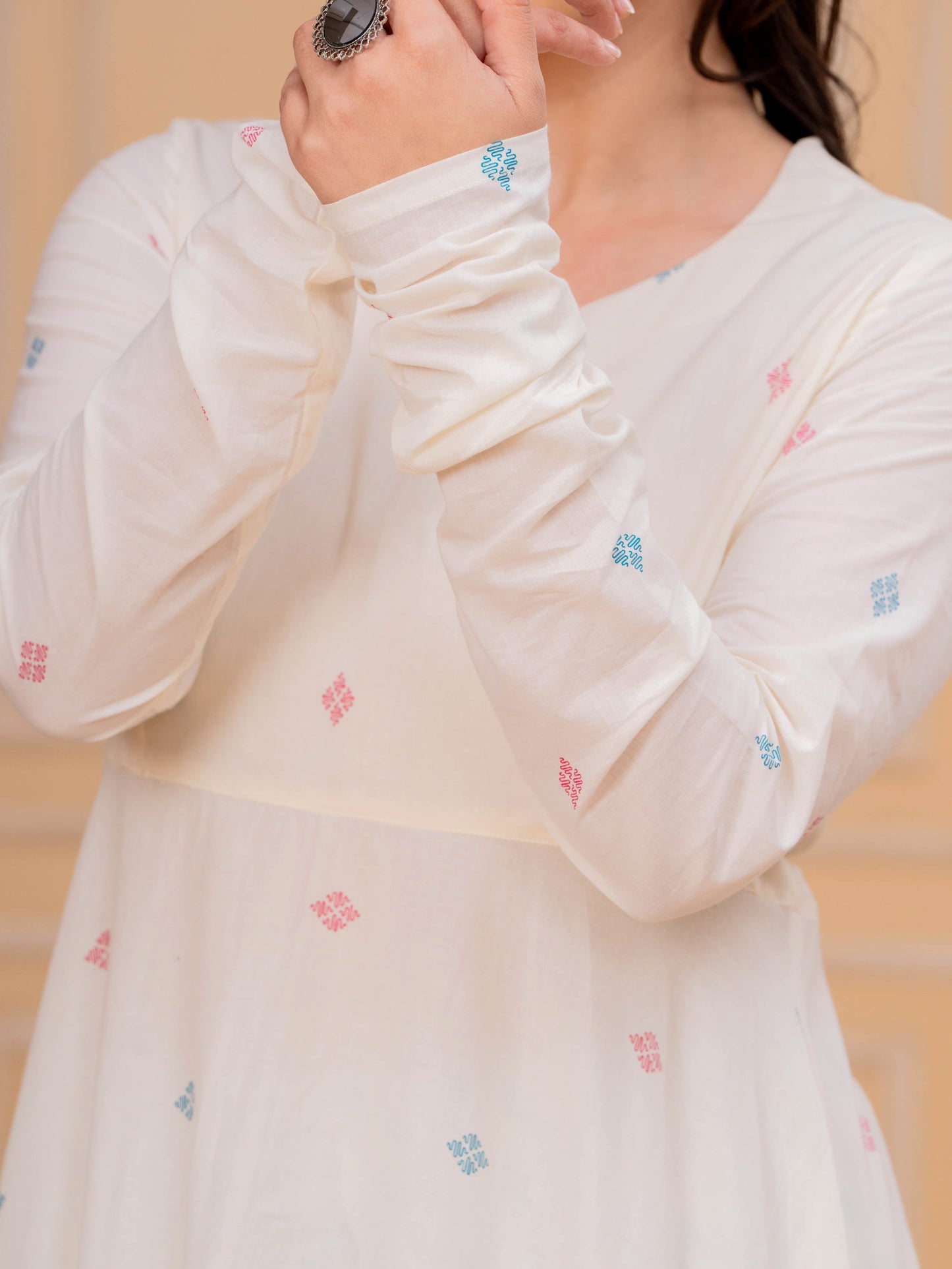 Soft Cotton Butti Anarkali Cream Kurta
