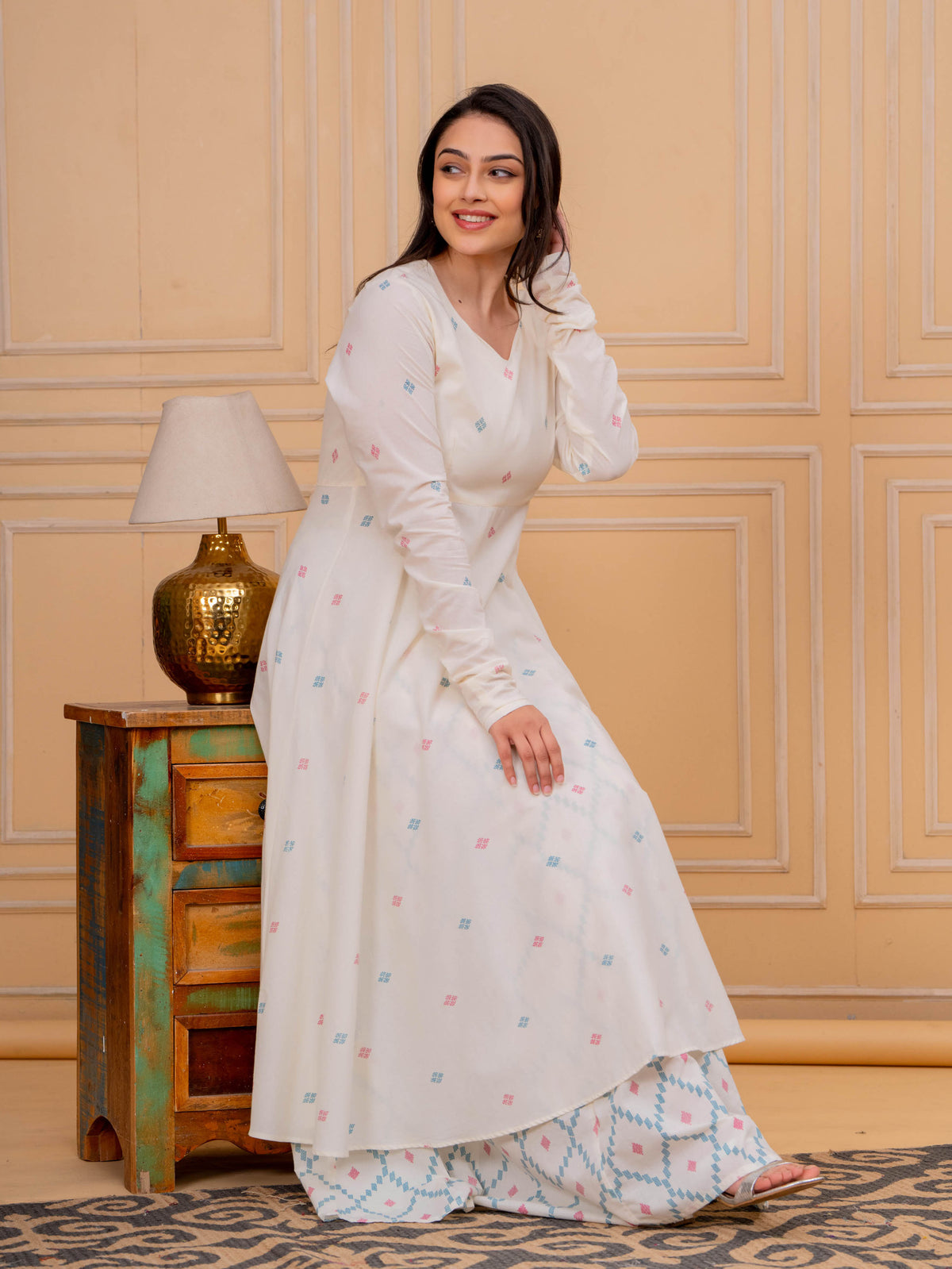 Soft Cotton Butti Anarkali Cream Kurta